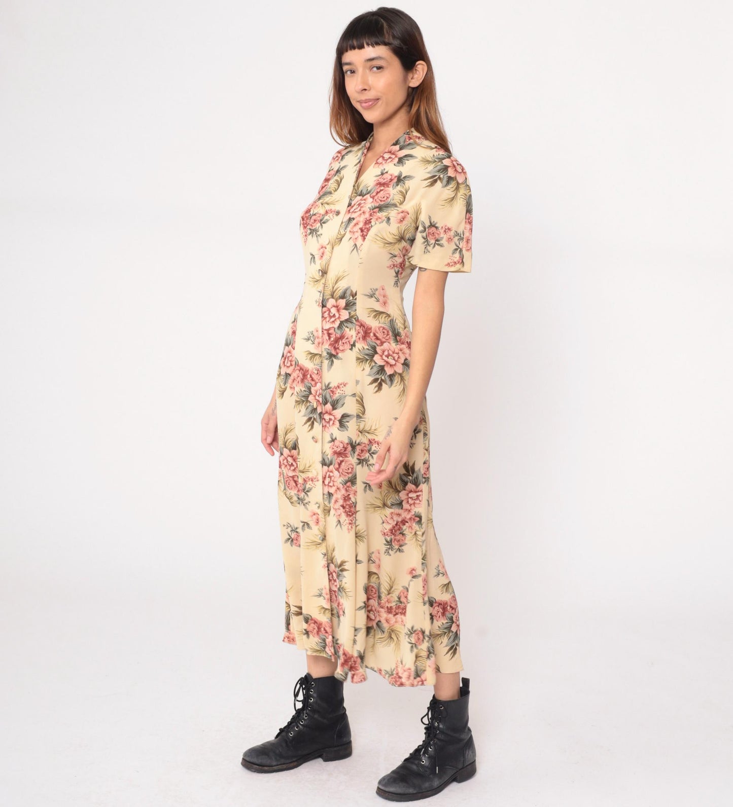 90s Yellow Floral Maxi Dress Pink Roses V-Neck Short Sleeve Medium