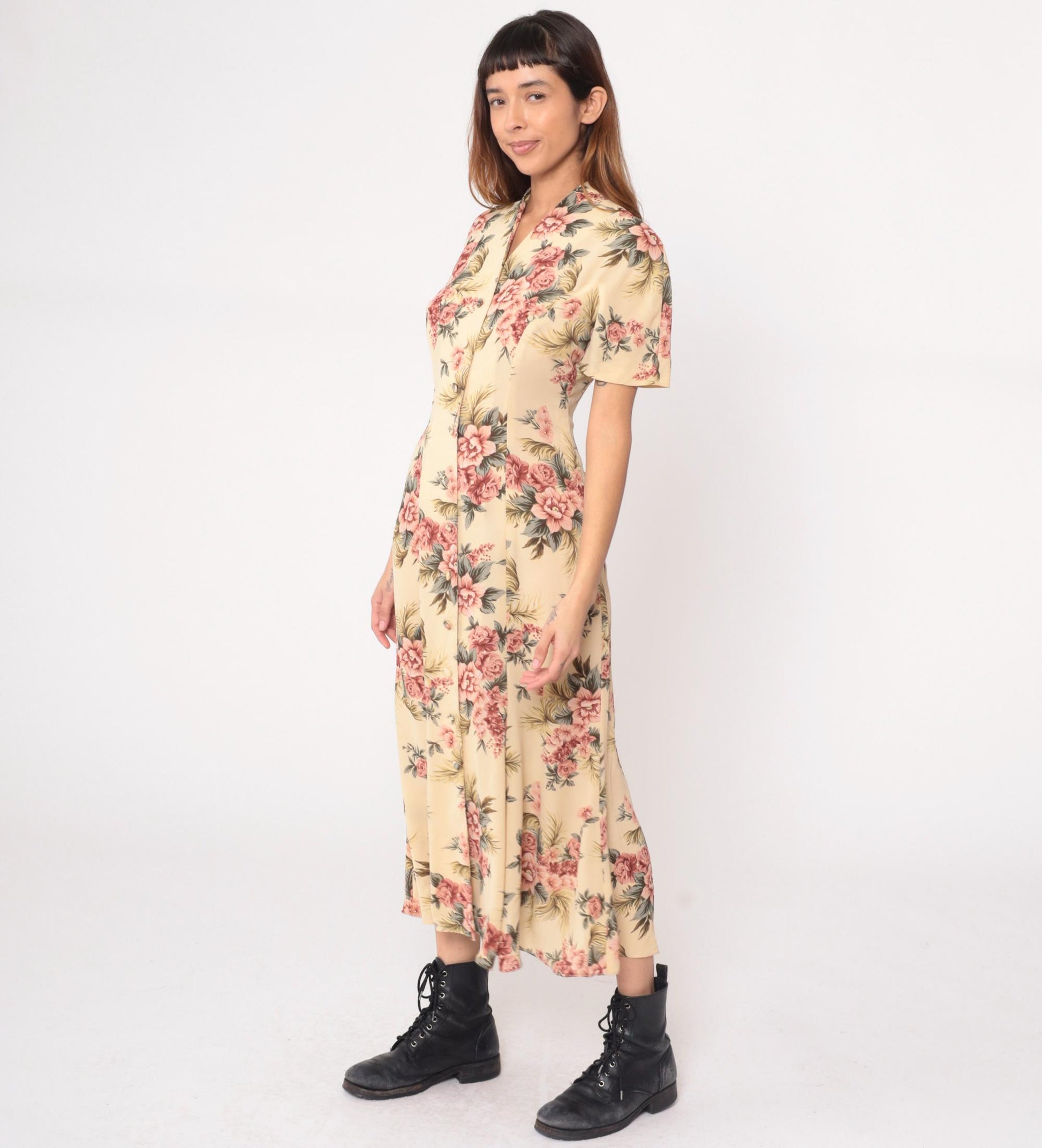 90s Yellow Floral Maxi Dress Pink Roses V-Neck Short Sleeve Medium