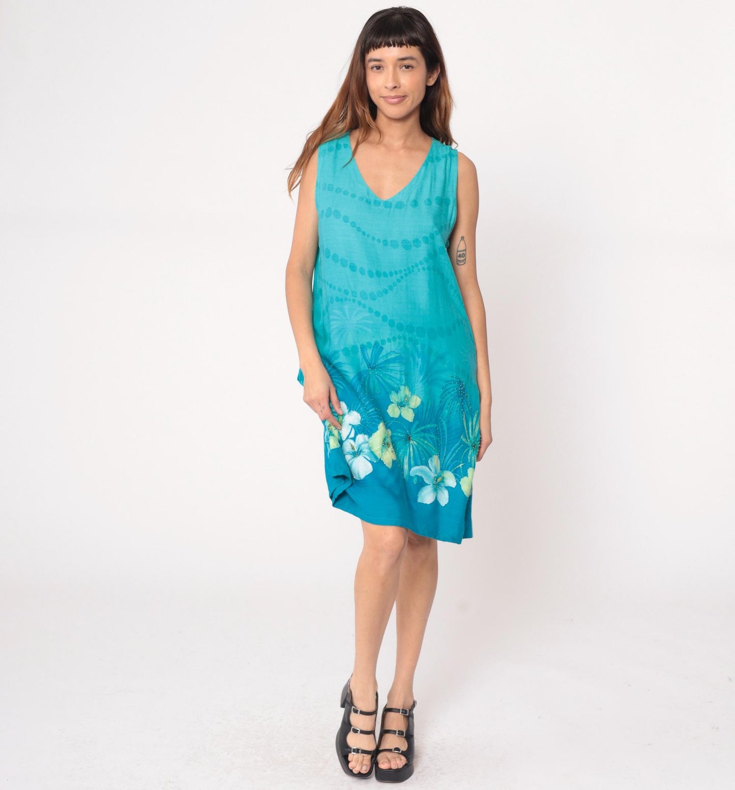 Y2K Hi Lites Hawaiian Dress Tropical Print Turquoise Knee Length Large L
