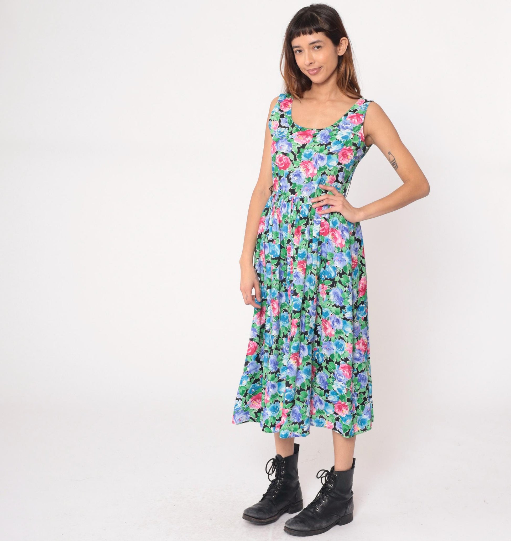 90s Warren Z Floral Maxi Dress Watercolor Rose Print Sleeveless Small