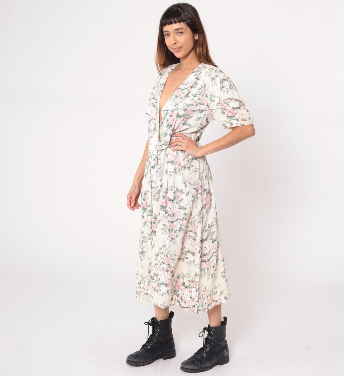 90s Jessica Ryan Floral Midi Dress Pink Rose Print Cream Flutter Sleeve Large
