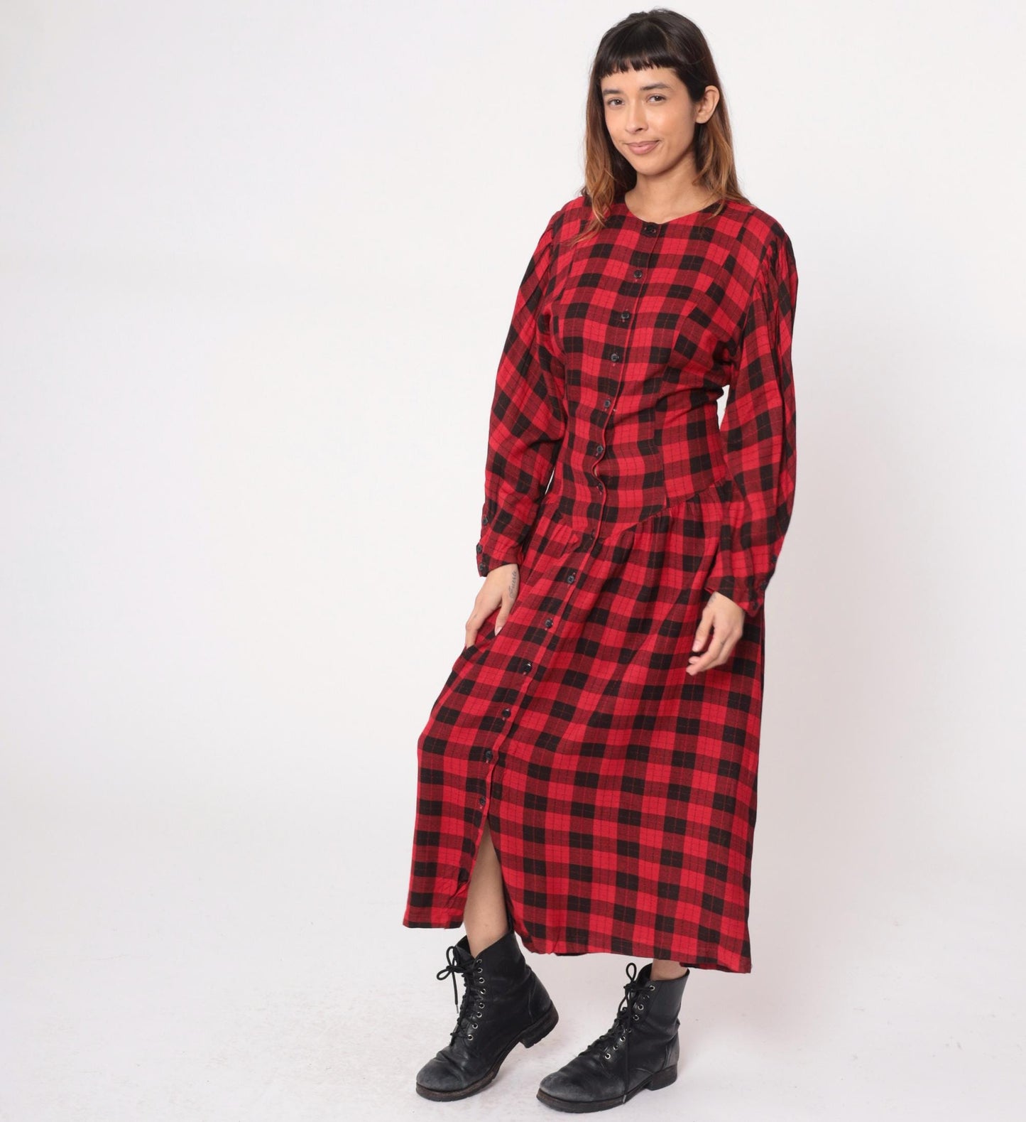 90s Phool Buffalo Plaid Maxi Dress Red Black Check Button Front Medium M