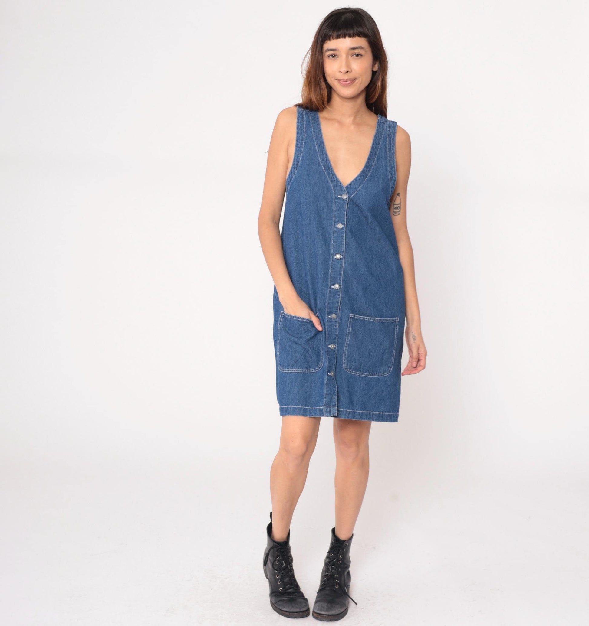 90s Northwest Blue Denim Dress Button Front Sleeveless Knee-Length Medium M