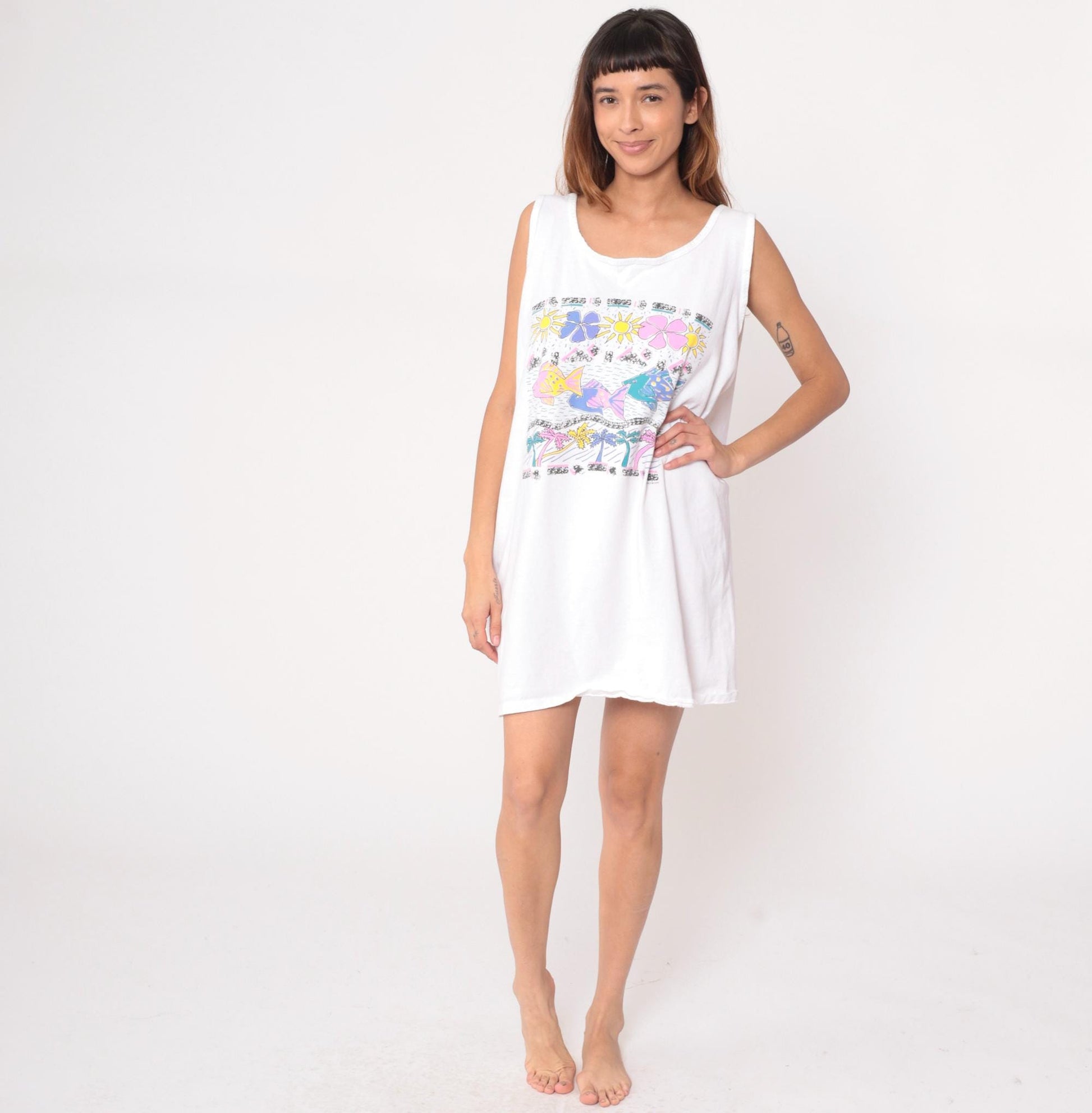 80s White House Tropical Fish Floral Mini Dress Sleeveless Cotton One Size