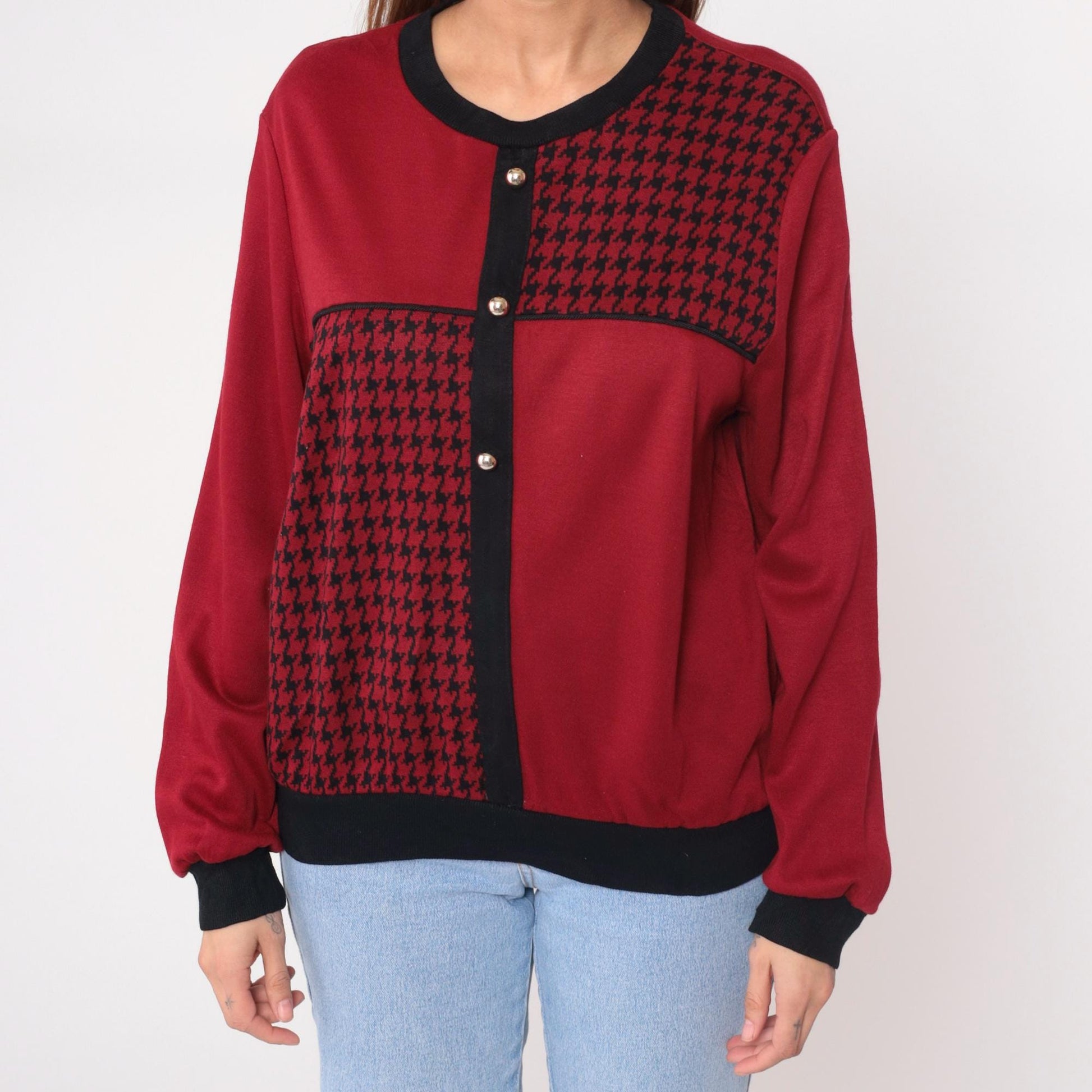 90s Cricket Lane Burgundy Houndstooth Cardigan Black Trim Medium M