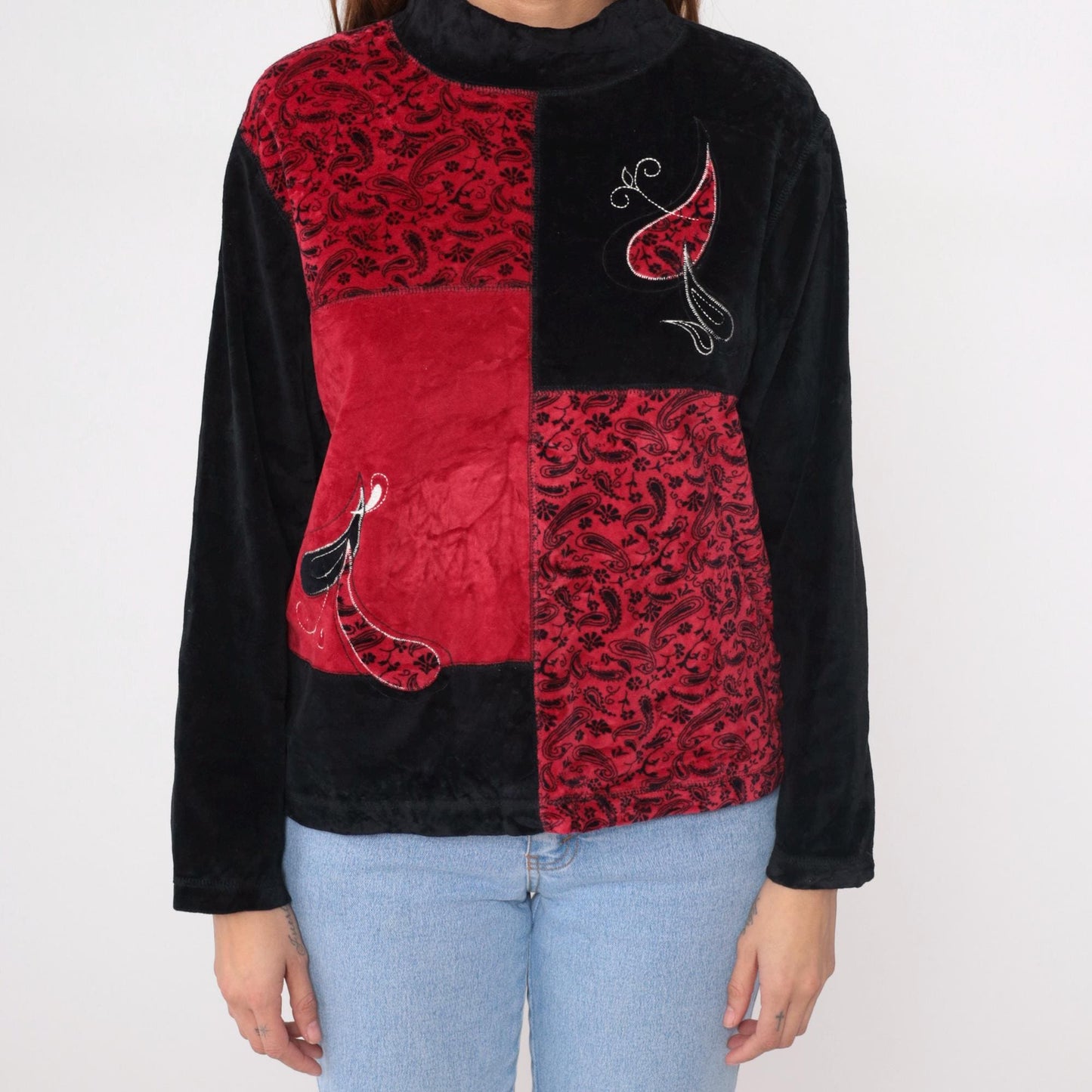 90s Erika Petite Black Velour Mock Neck Patchwork Top Red Paisley Petite Large