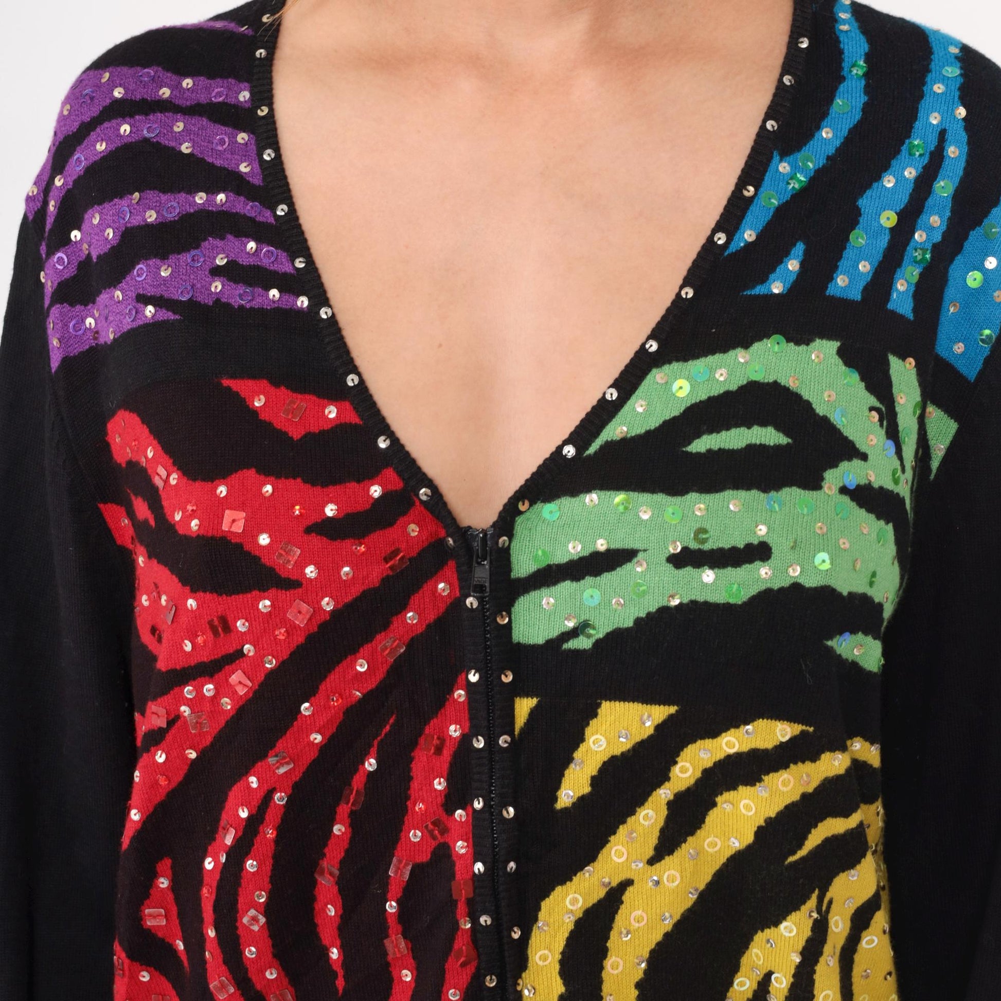 Y2K Jack B Quick Sequin Cardigan Zebra Stripe Multicolor Black Large L