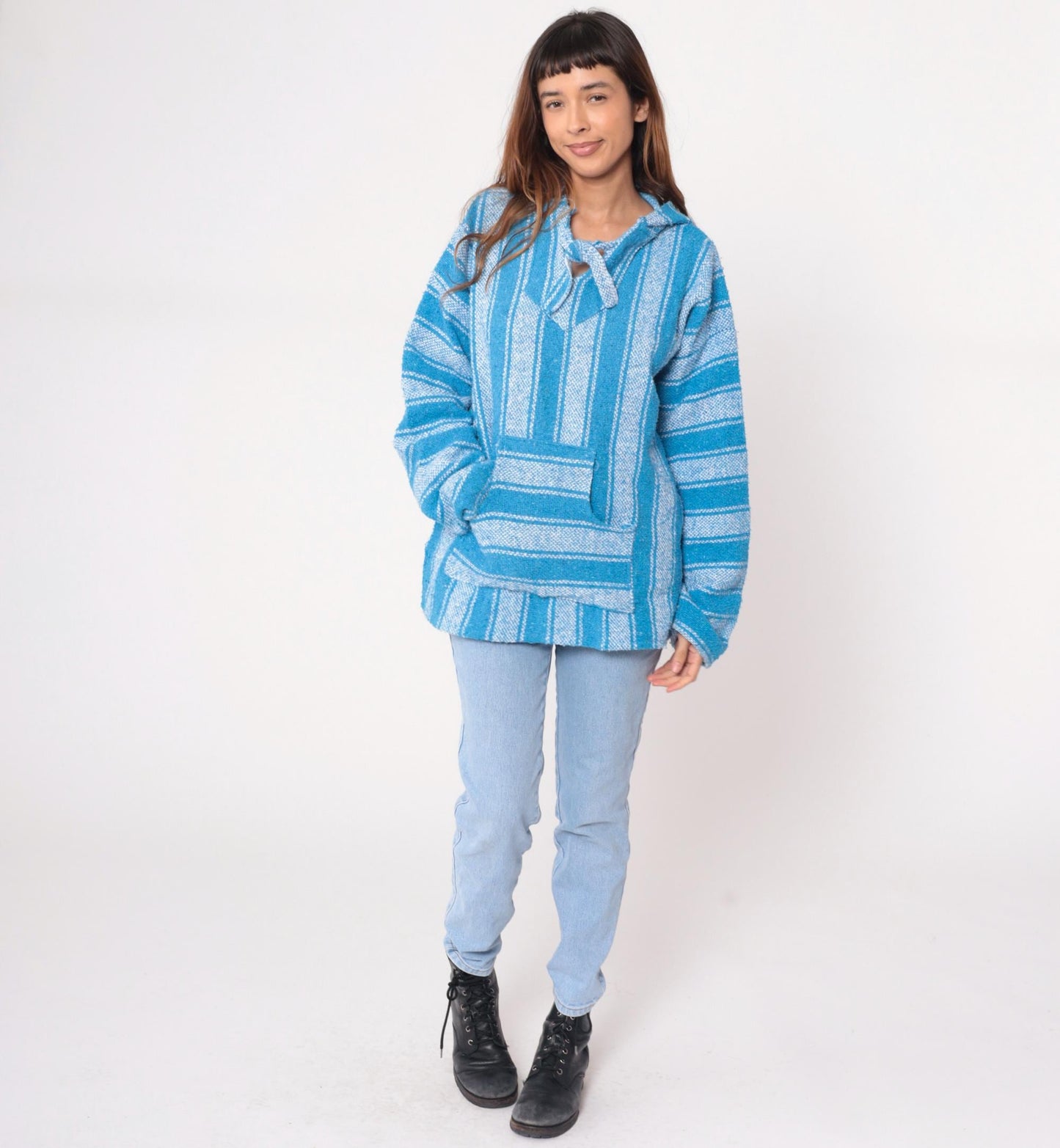 90s Blue White Striped Baja Hoodie Pullover Kangaroo Pocket Large