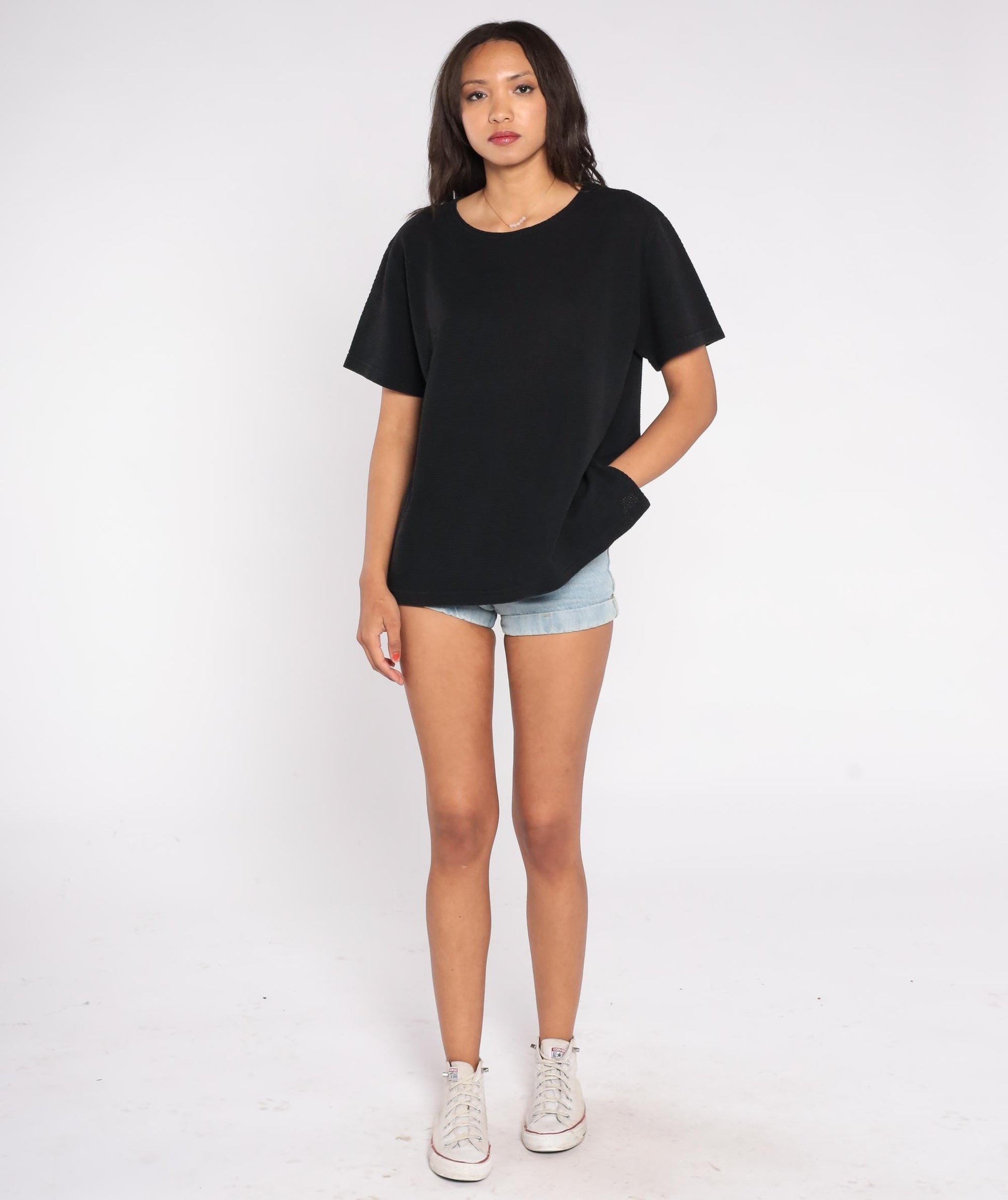 90s Black Crew Neck T-Shirt Cotton Blend Minimalist Vintage Tee Large L