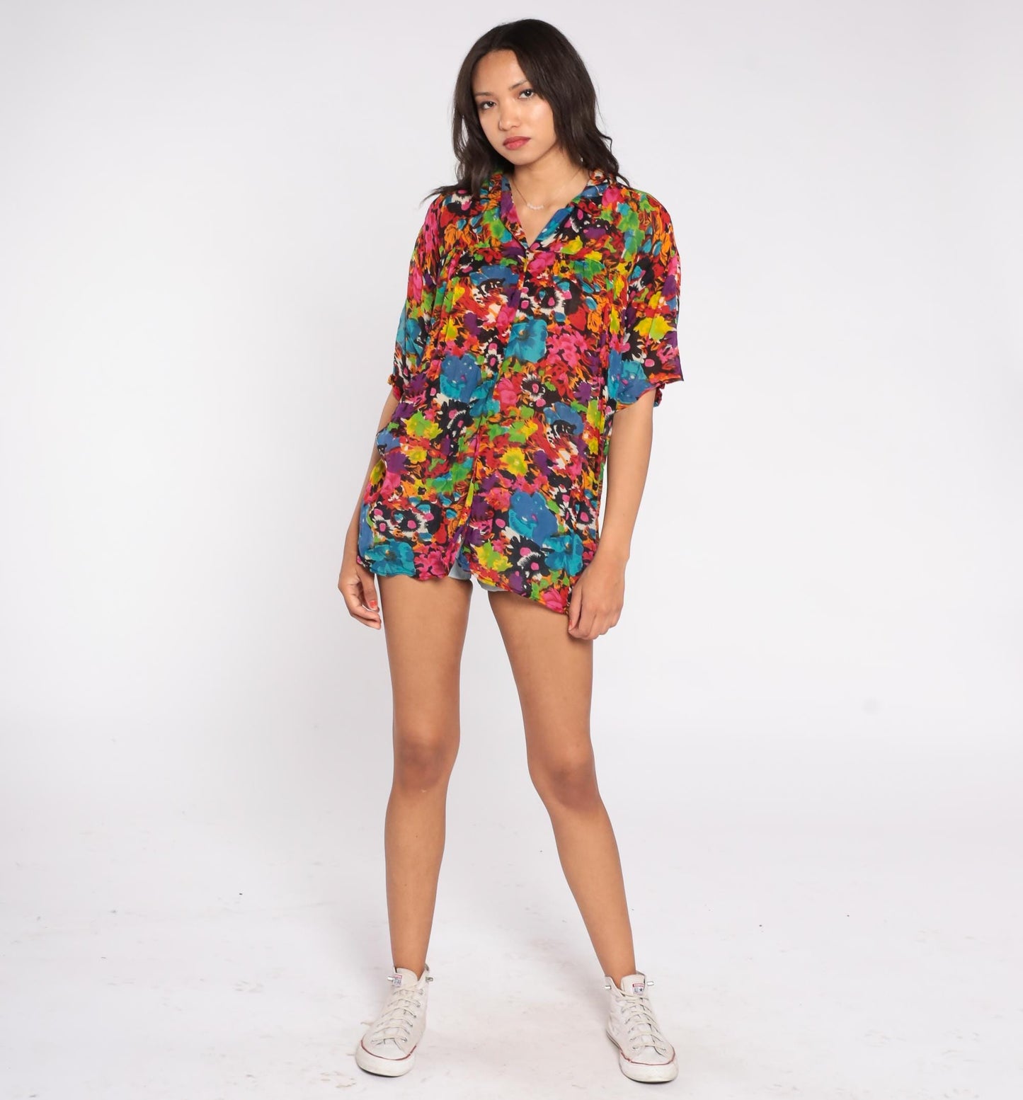90s Whistles Abstract Floral Shirt Multi-Color Short Sleeve Cotton Blend Medium M