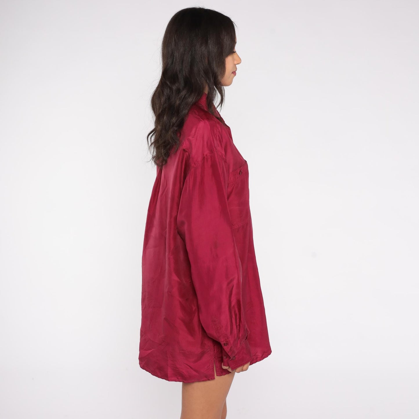 90s Bogari Burgundy Silk Button-Up Shirt Large L