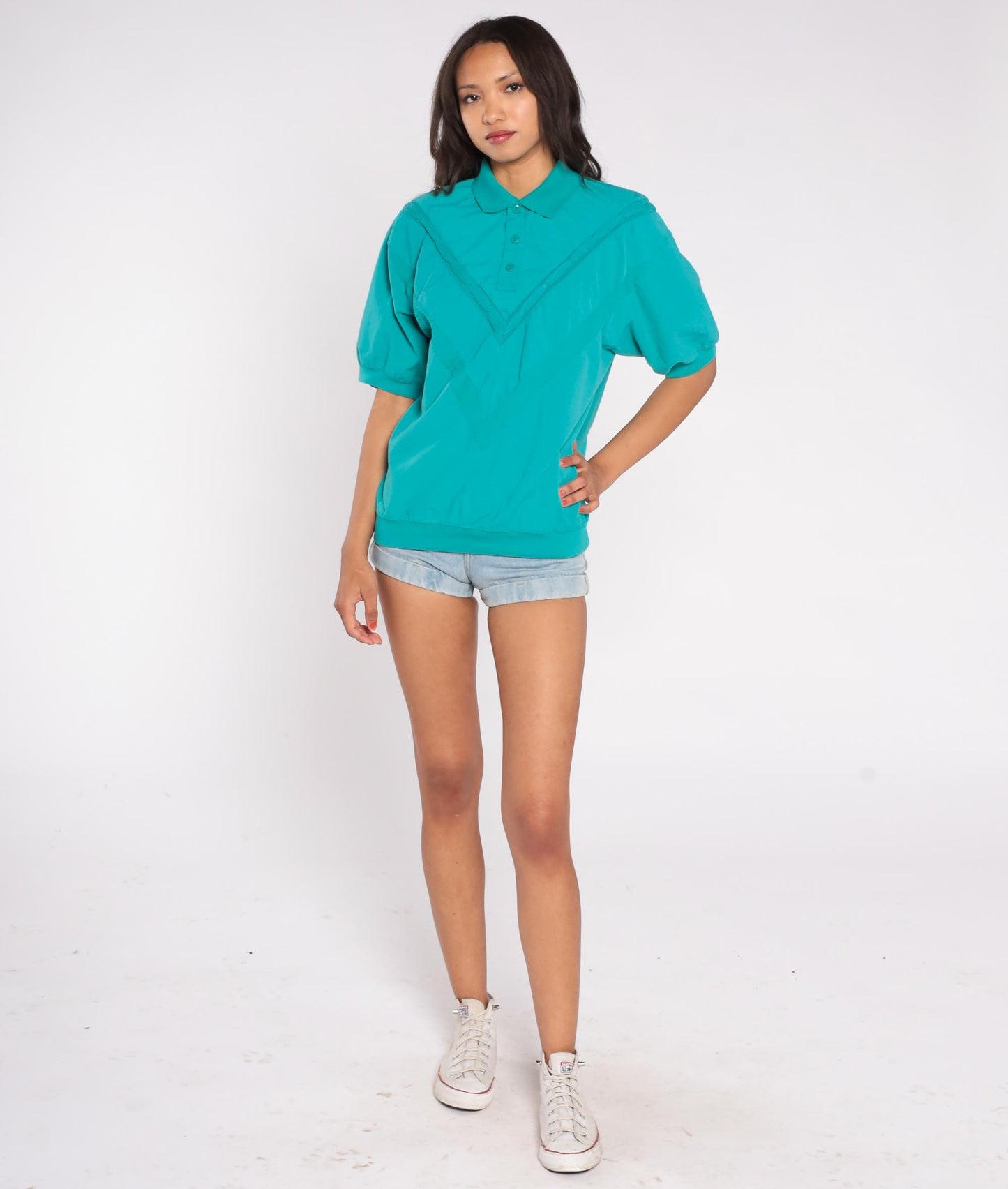 90s Teal Textured Polo Shirt Collared Short Sleeve Button Front Medium