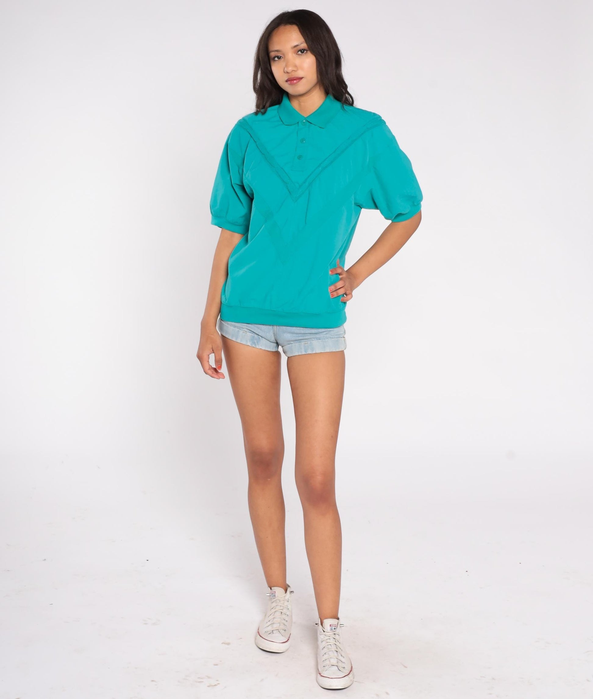 90s Teal Textured Polo Shirt Collared Short Sleeve Button Front Medium
