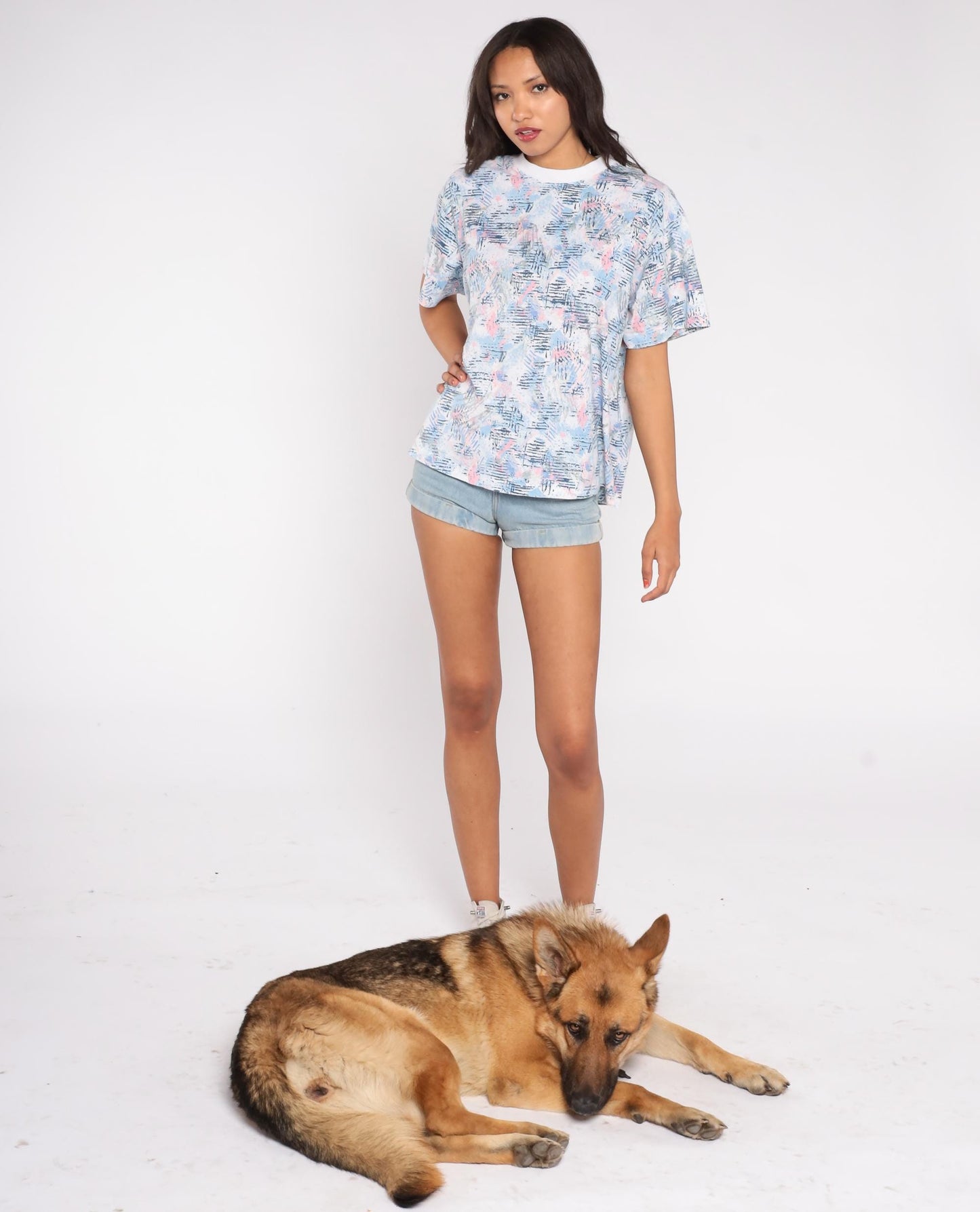 90s Abstract Brushstroke T-Shirt Pastel Blue Pink Grey Small