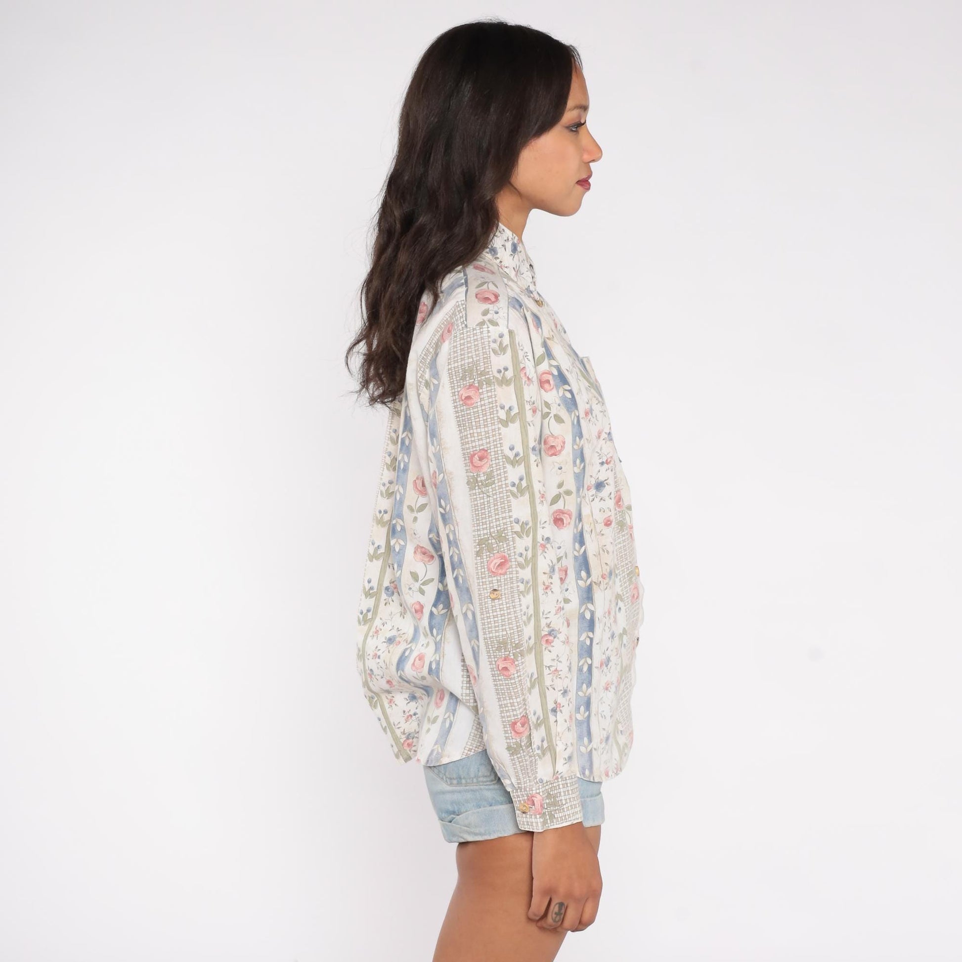 90s Floral Striped Cotton Blend Blouse Pink Blue Sage Cream Medium M