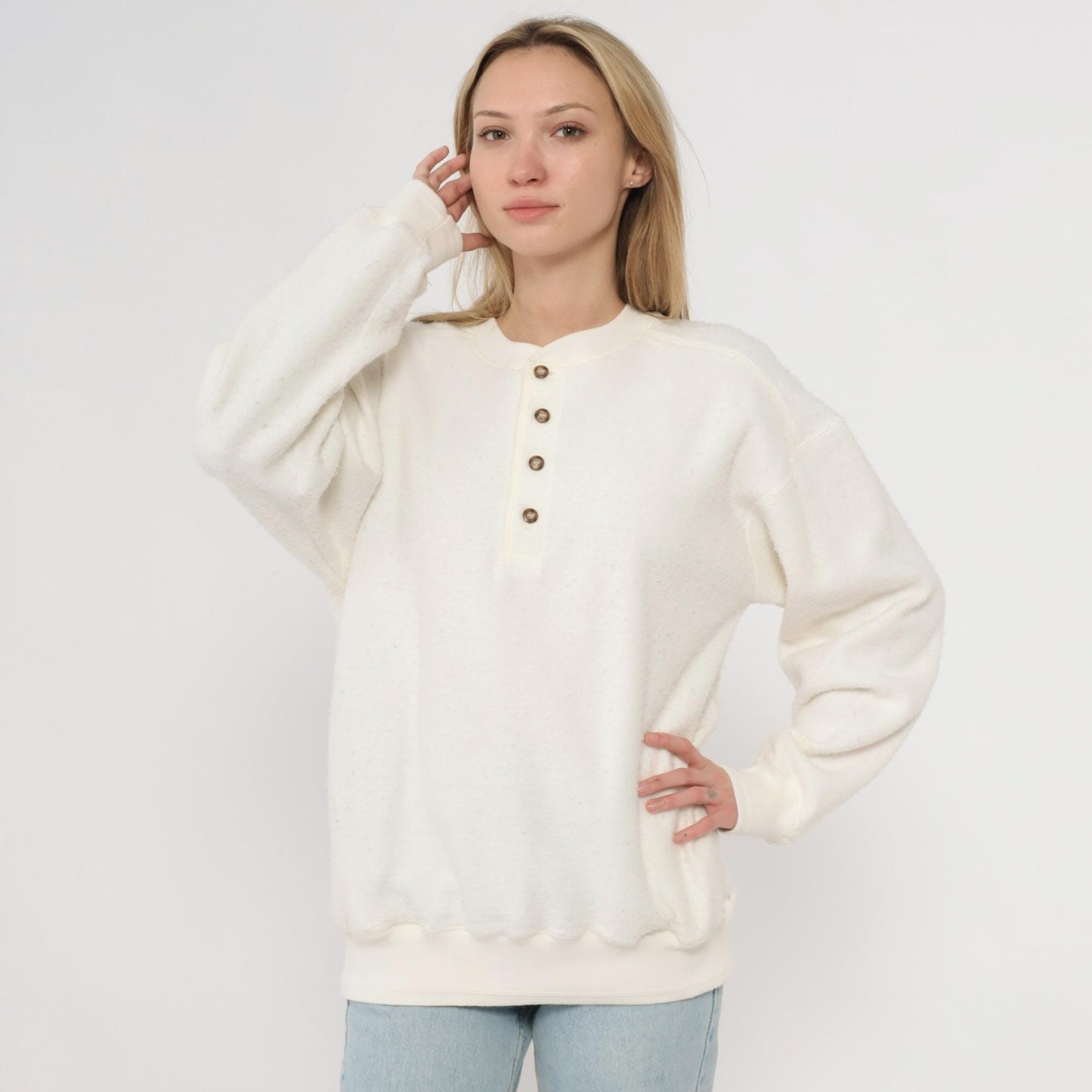 80s Claybrooke Sport White Henley Reverse Weave Cotton Sweatshirt Small S