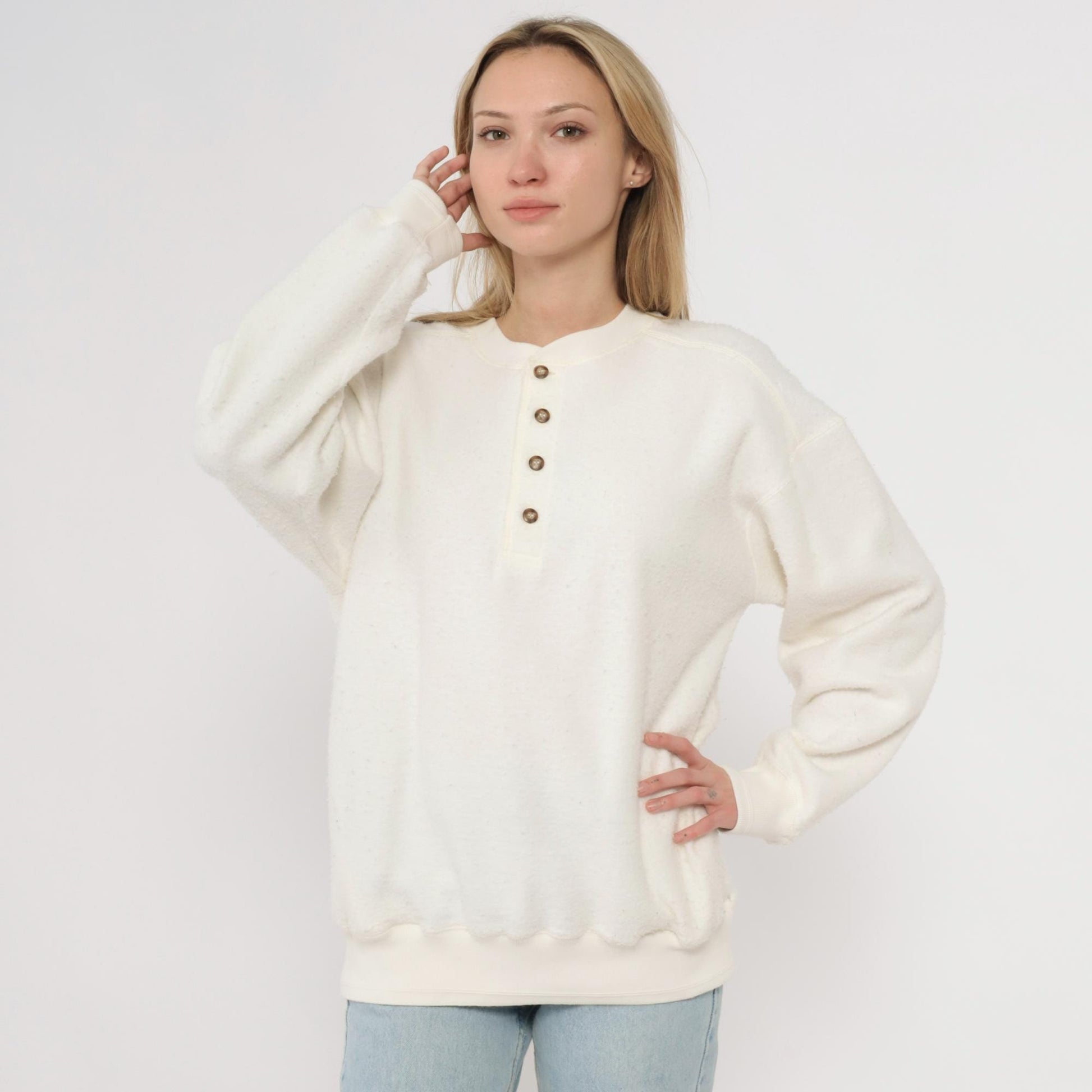 80s Claybrooke Sport White Henley Reverse Weave Cotton Sweatshirt Small S