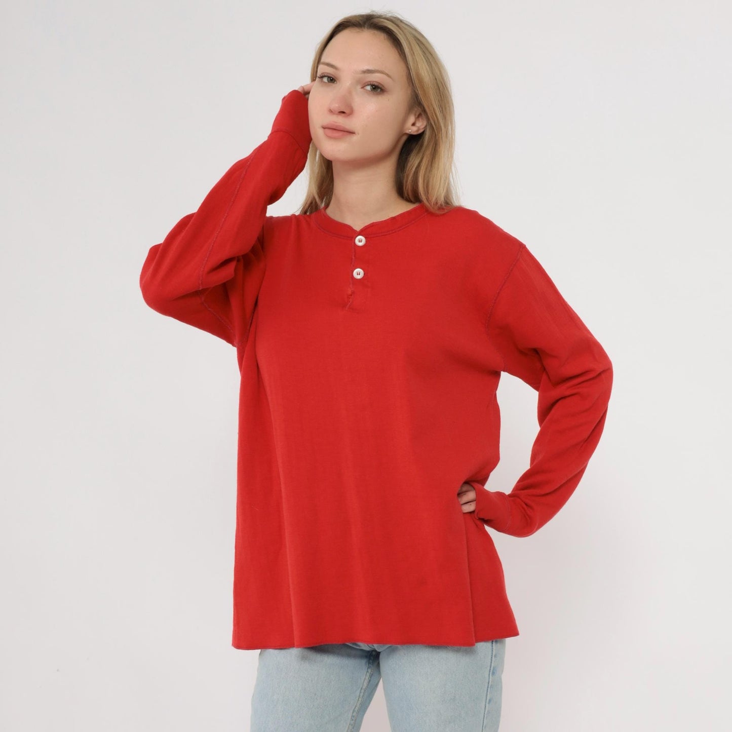 80s LL Bean Red Henley Shirt Cotton Blend Long Sleeve Medium