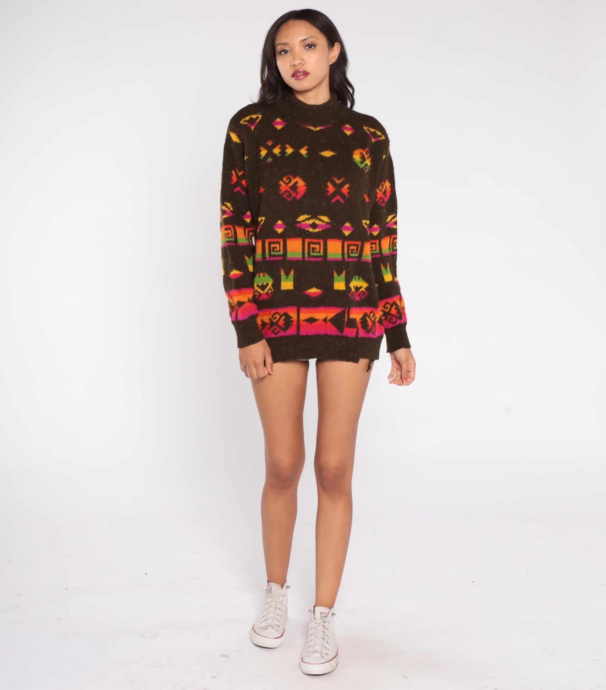 90s United Colors of Benetton Southwestern Sweater Mock Neck Wool Blend Medium M