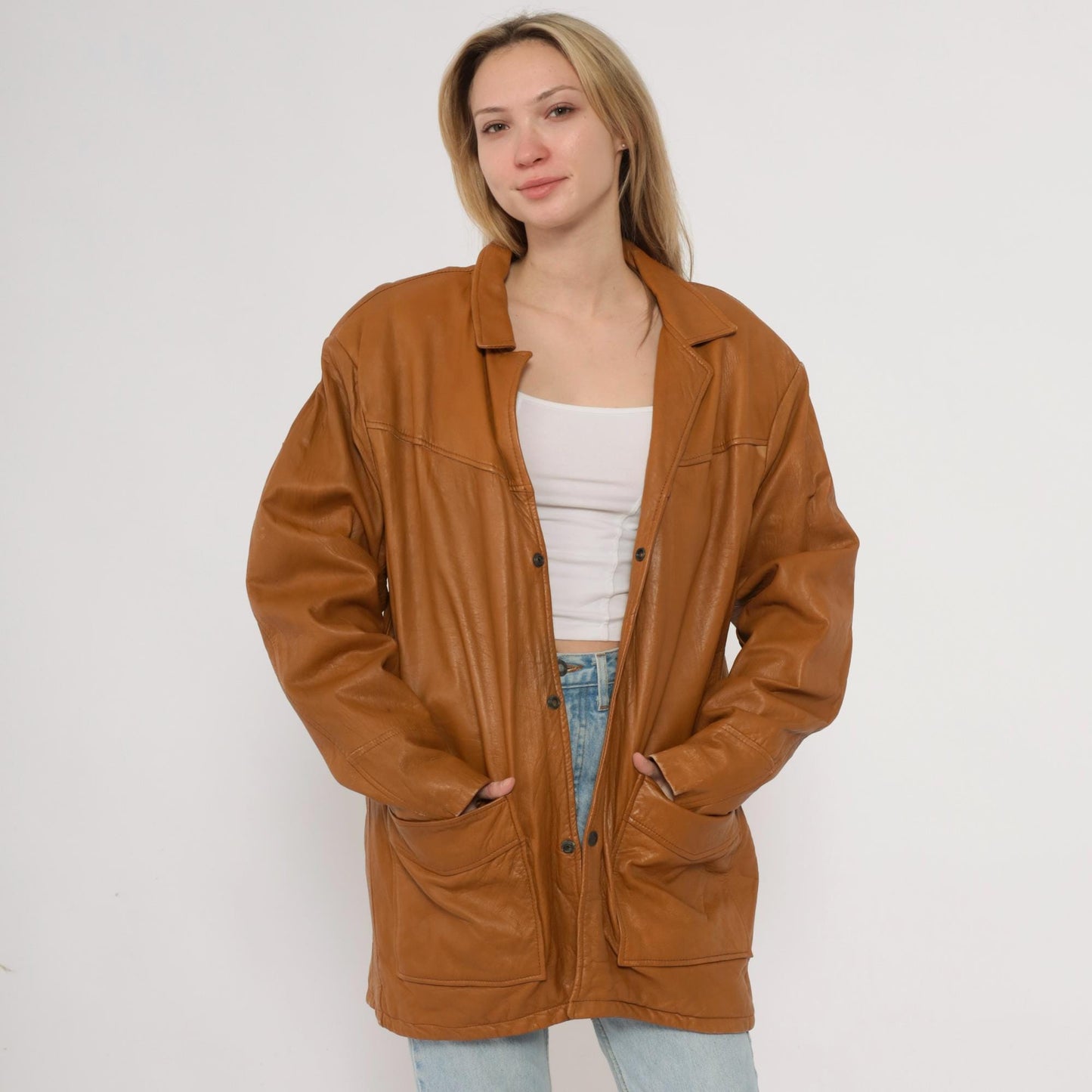 80s Camel Leather Blazer Button Front Patch Pockets Long Sleeve Large L