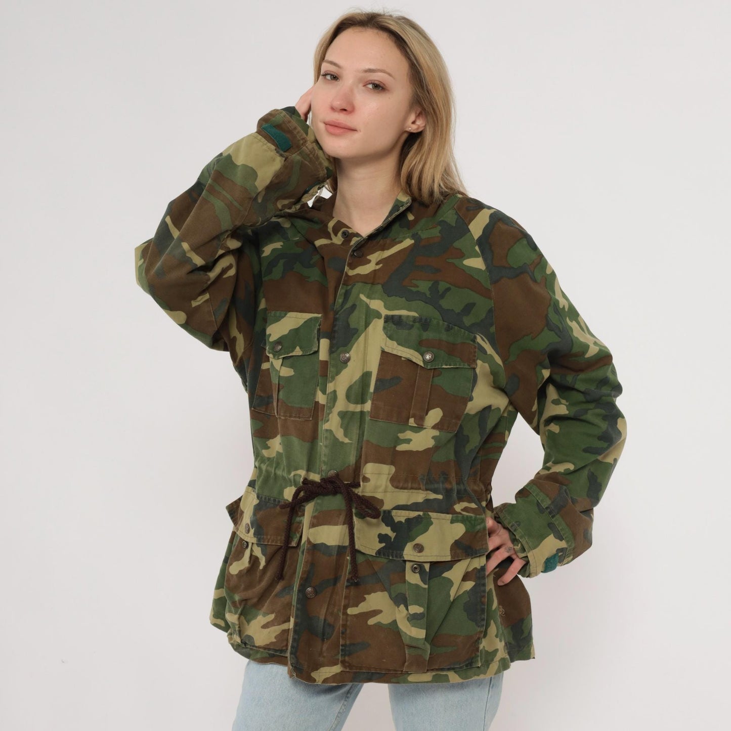 90s Black Sheep Woodland Camo Hooded Jacket Olive Green Cotton Large