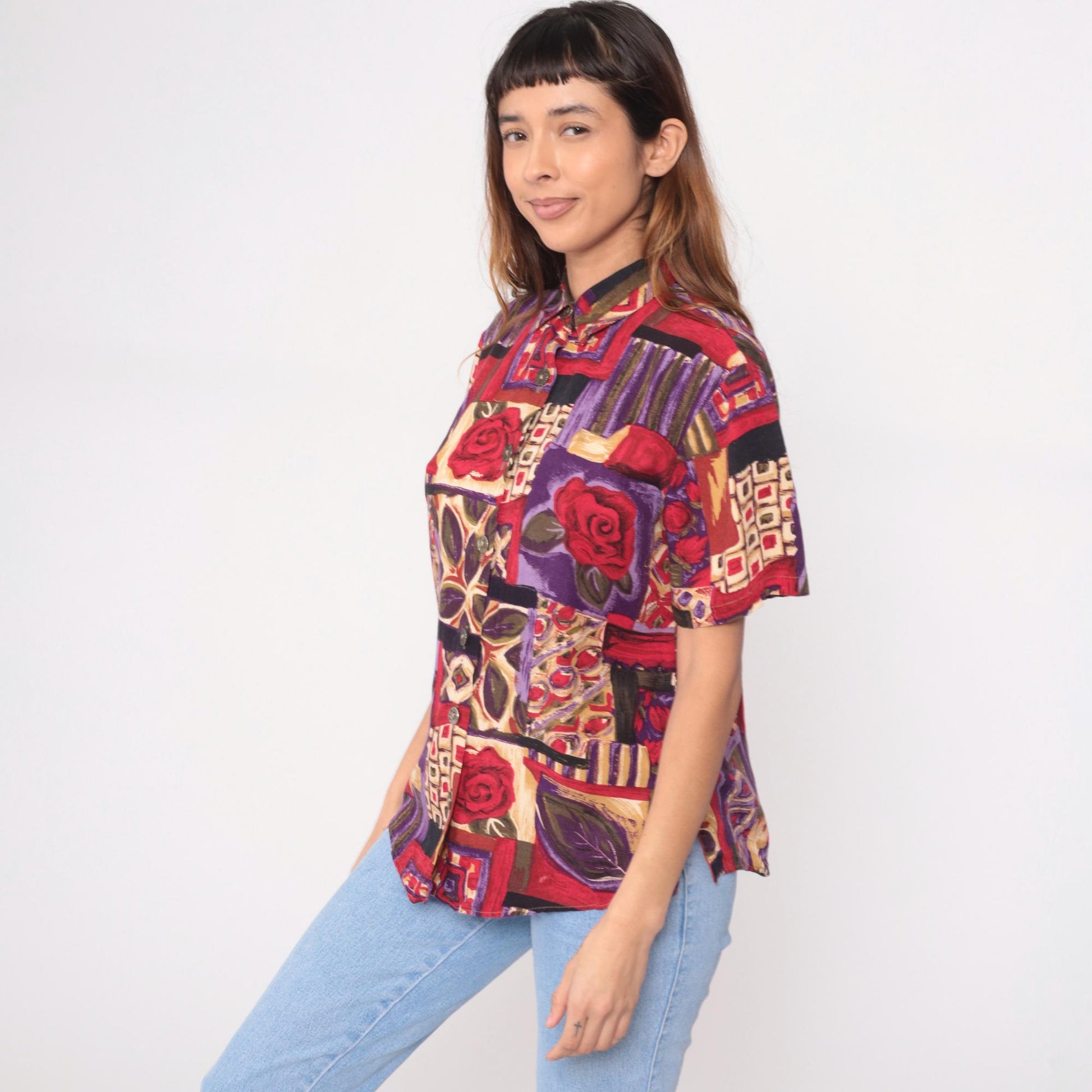 90s Patchwork Abstract Button-Up Shirt Geometric Rose Print Purple Medium