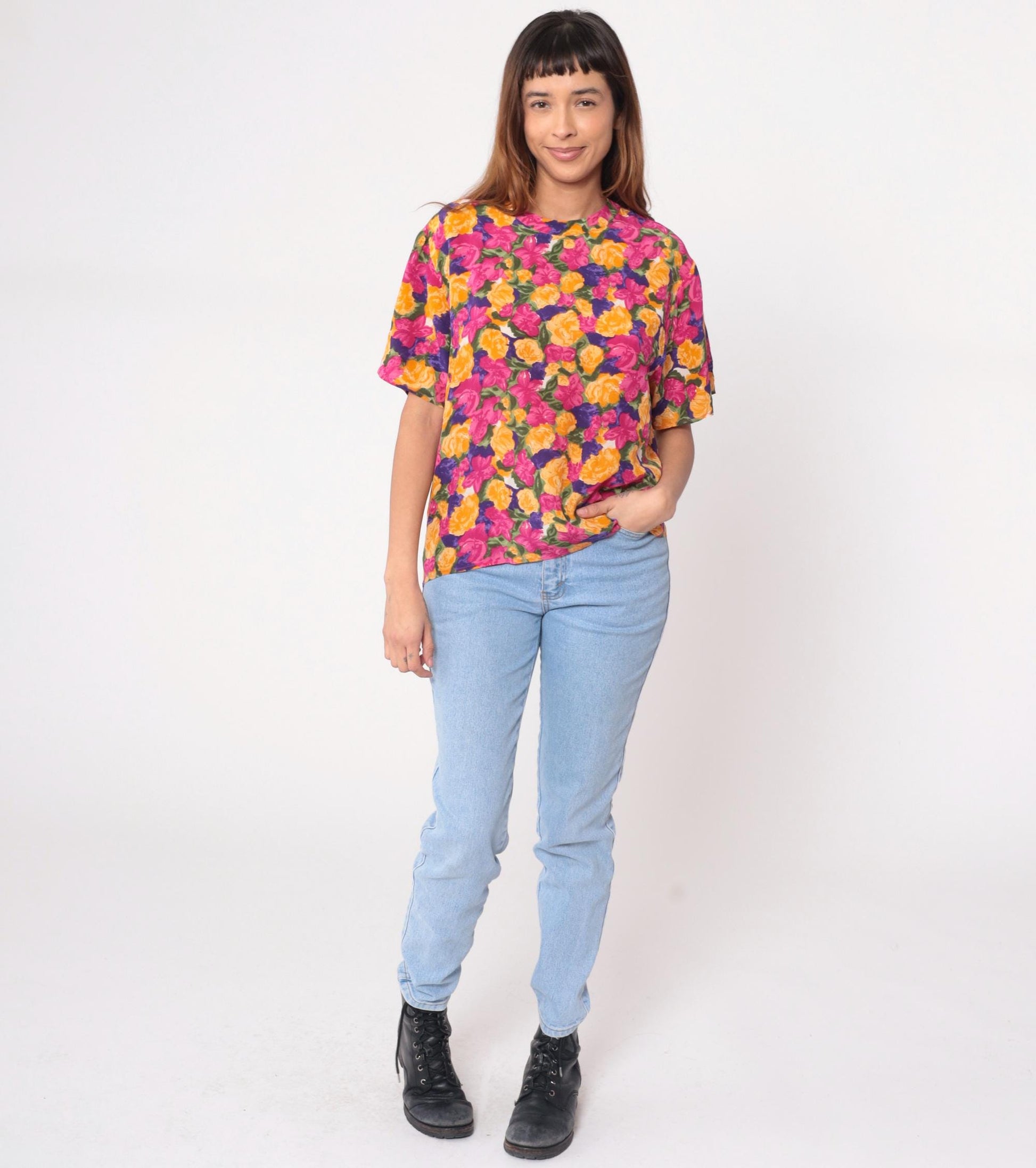 90s Winter Silks Floral Blouse Rose Print Royal Blue Short Sleeve Medium