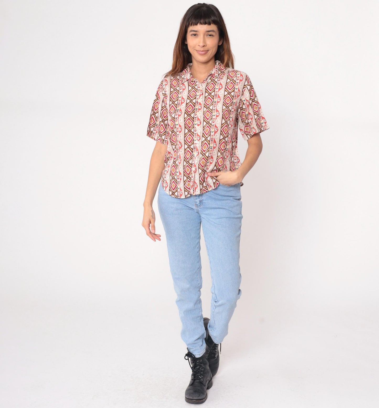90s Roo Crossings Petites Geometric Print Button Blouse Cream Red Brown Small