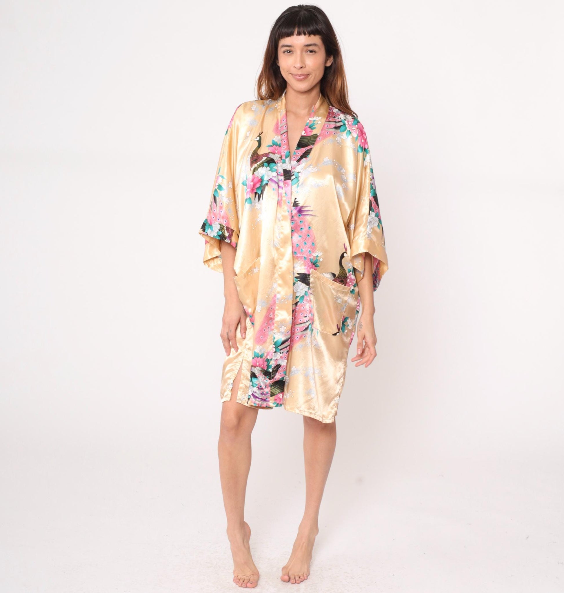 90s Gold Peacock Kimono Robe Knee Length Satin Floral Open Front Medium