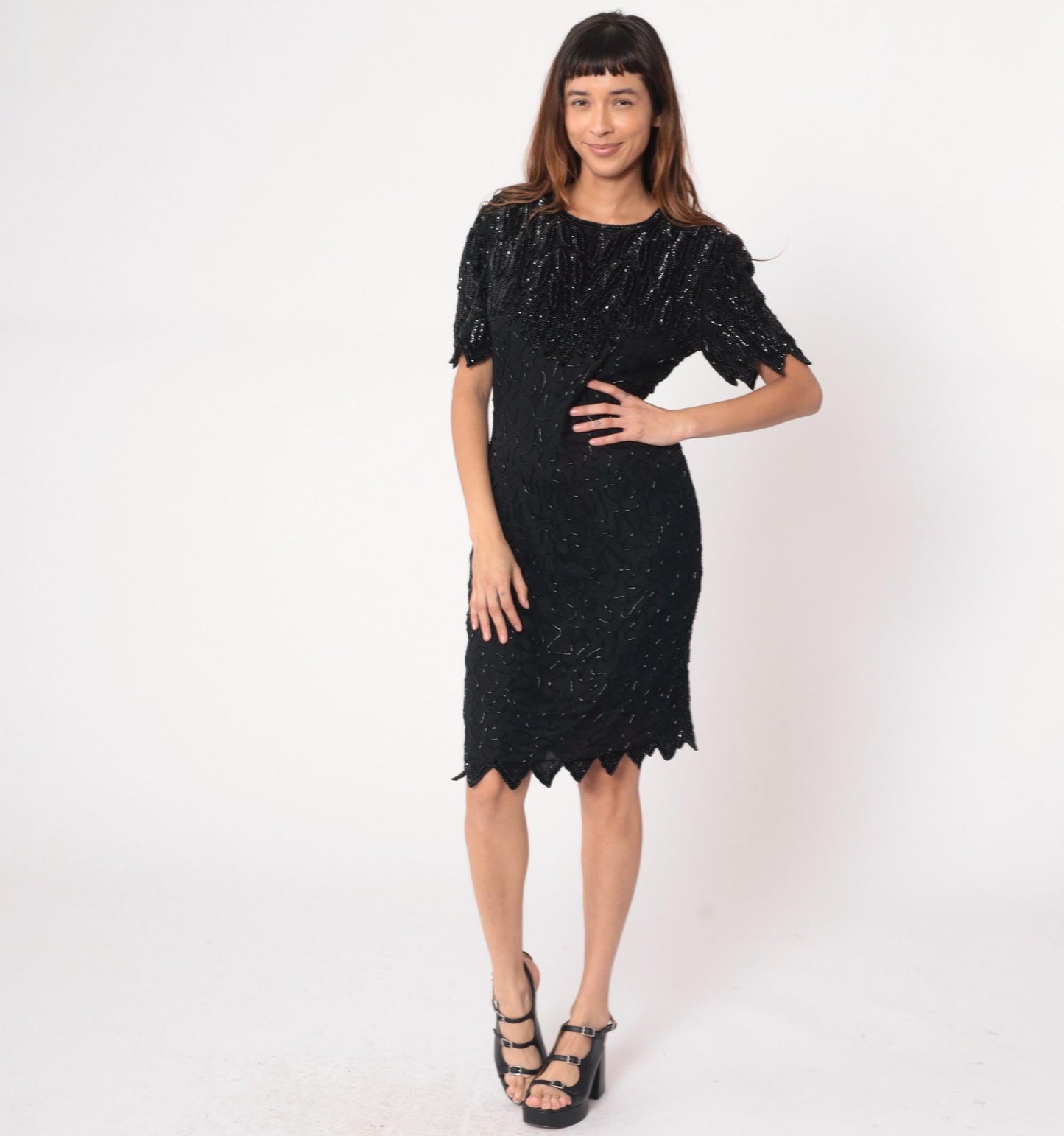 90s Laurence Kazar Black Beaded Silk Cocktail Dress Knee-Length Medium M