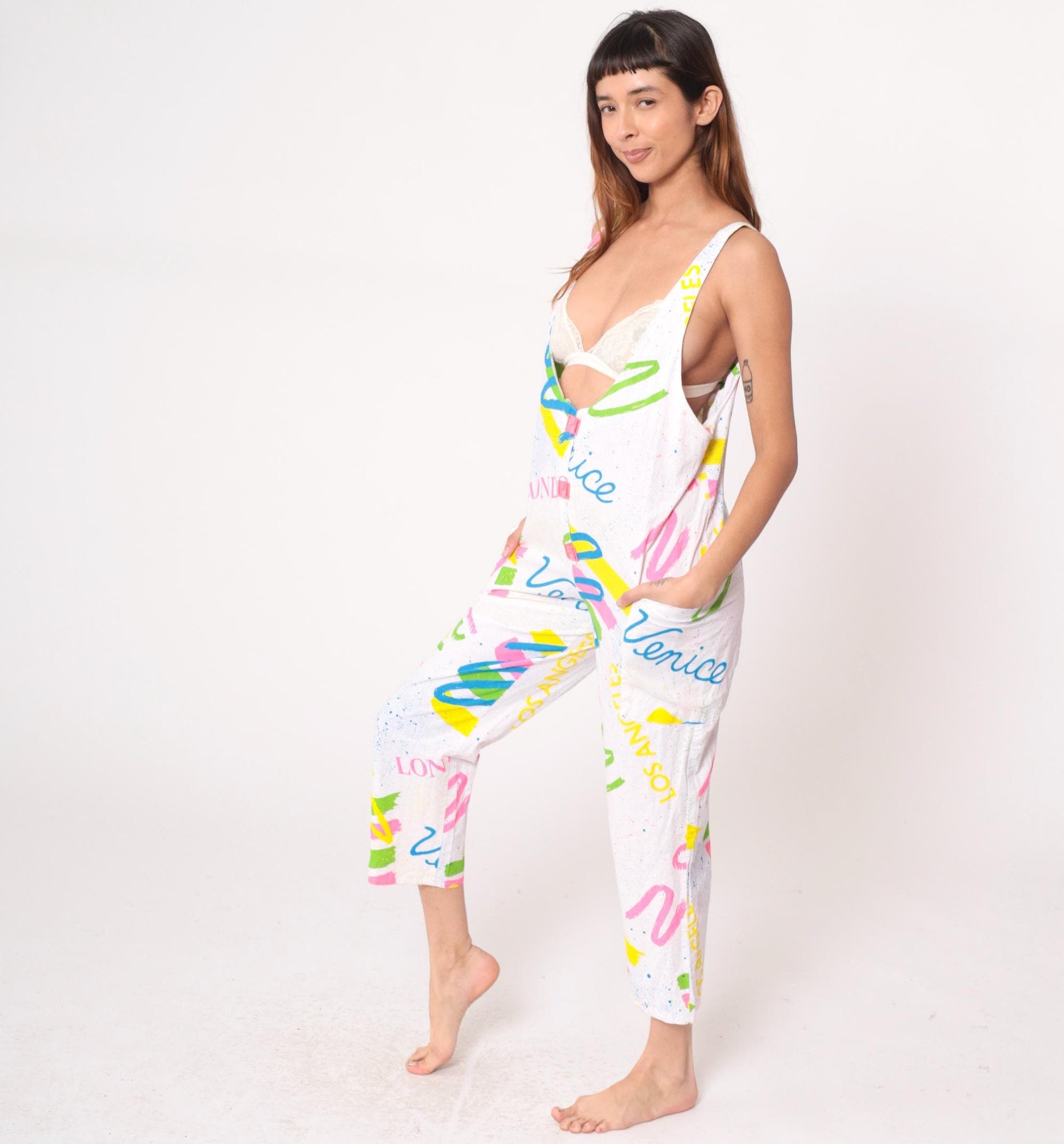 90s White Jumpsuit London Venice Graphic Print Deep V Neck Medium M