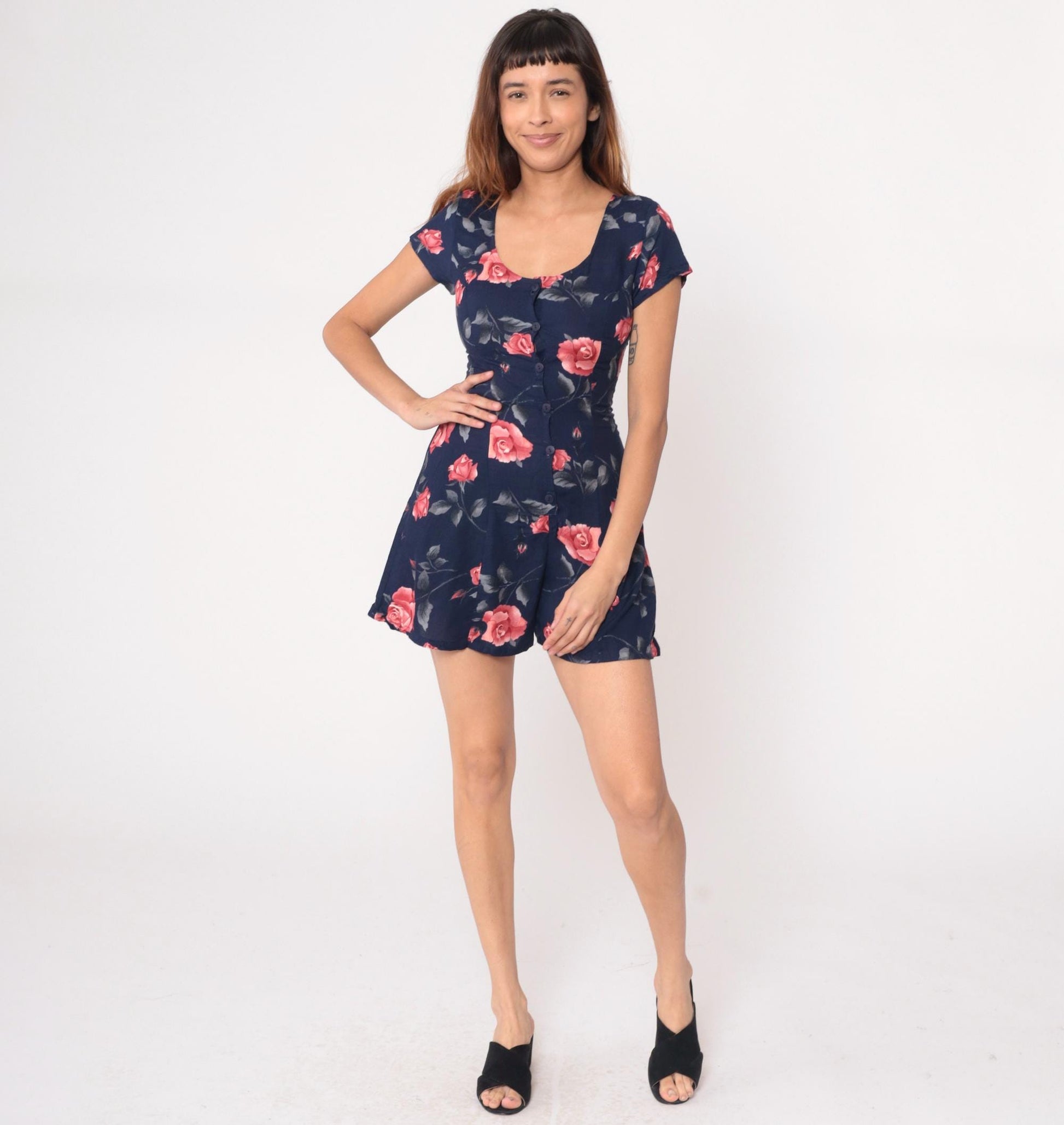 90s Navy Floral Romper Pink Rose Print Button Front Mini Small S