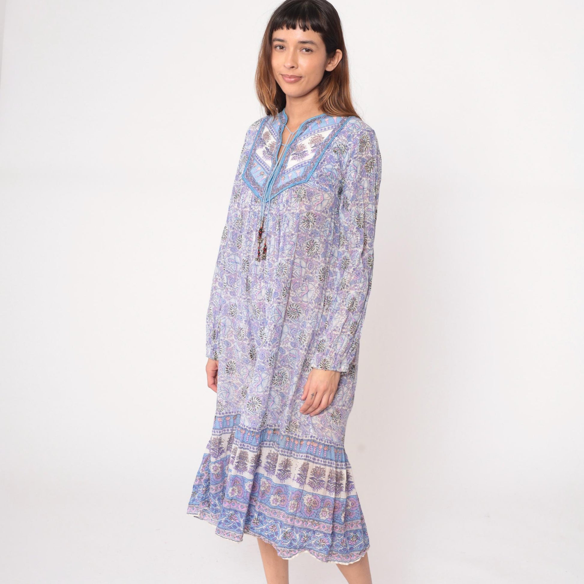 90s Taja Purple Paisley Maxi Dress Beaded Yoke Cotton Floral Large L