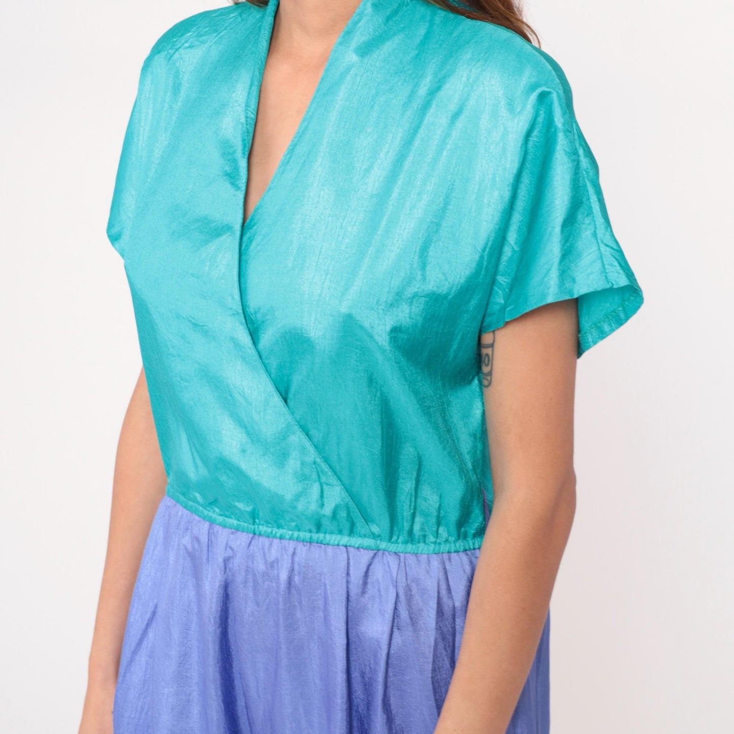 90s Joan Walters Colorblock Jumpsuit Teal Purple Wrap V-Neck Medium M