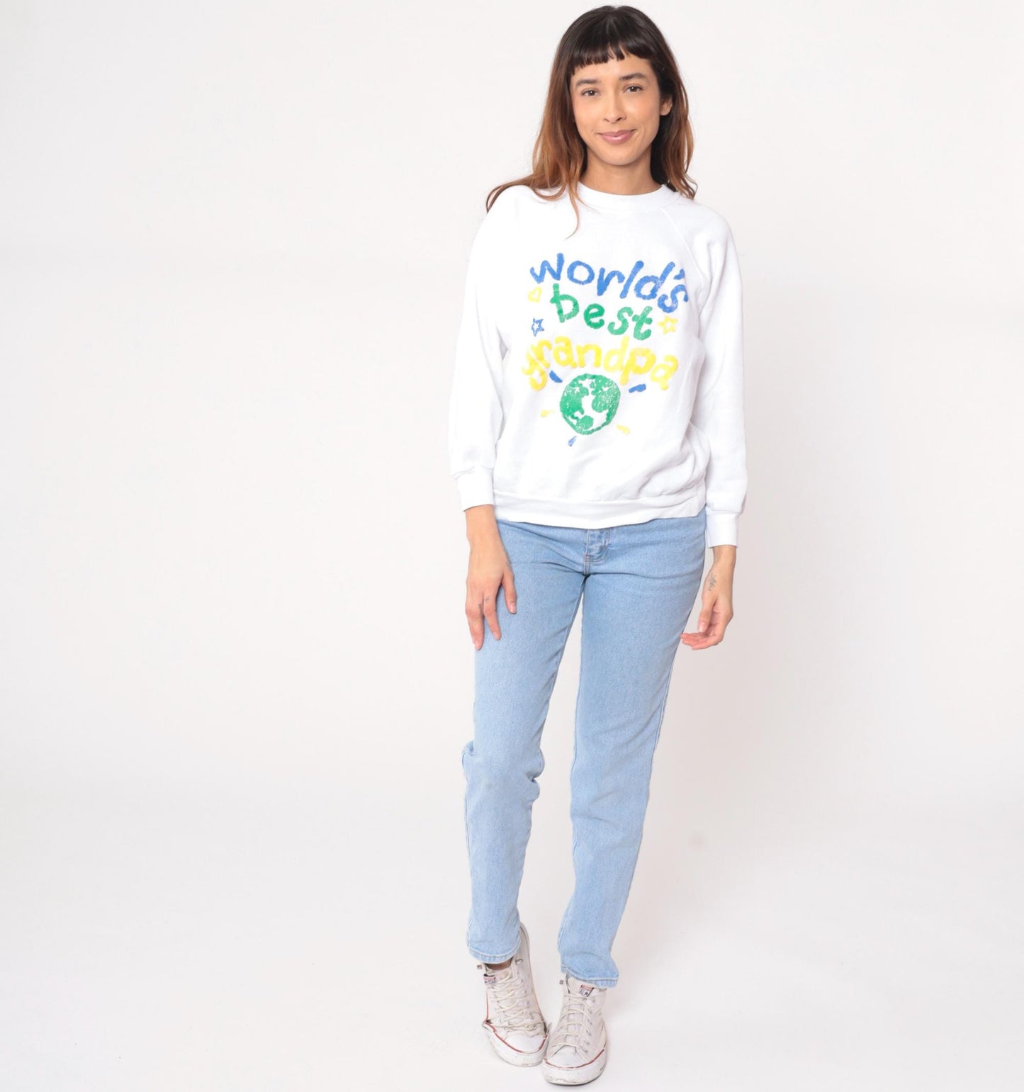 90s Hanes World's Best Grandpa Sweatshirt White Graphic Globe Large L