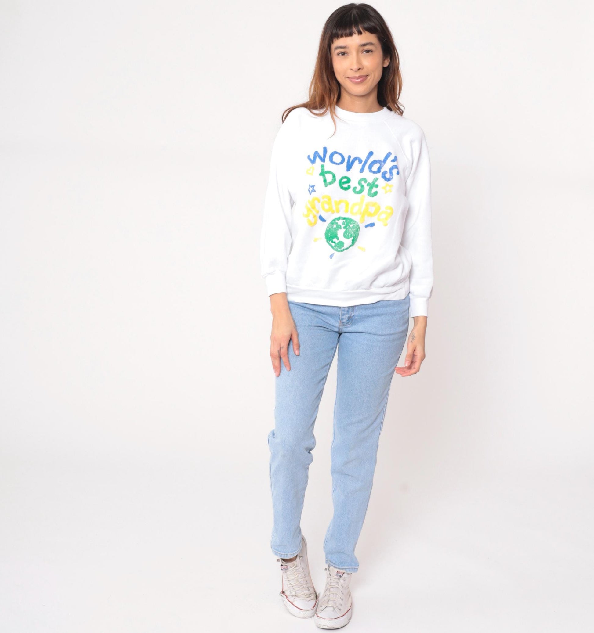 90s Hanes World's Best Grandpa Sweatshirt White Graphic Globe Large L