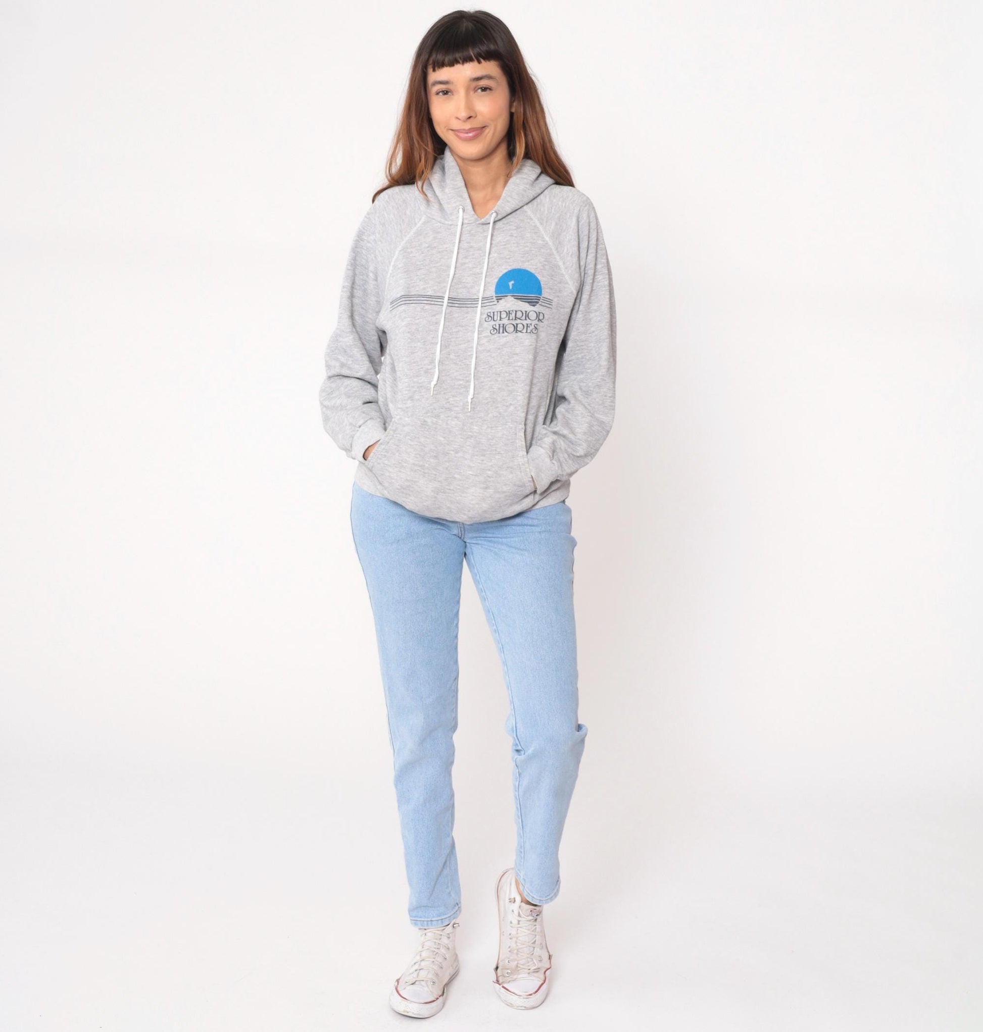 90s Superior Shores Hoodie Grey Cotton Graphic Pullover Kangaroo Pocket Large L