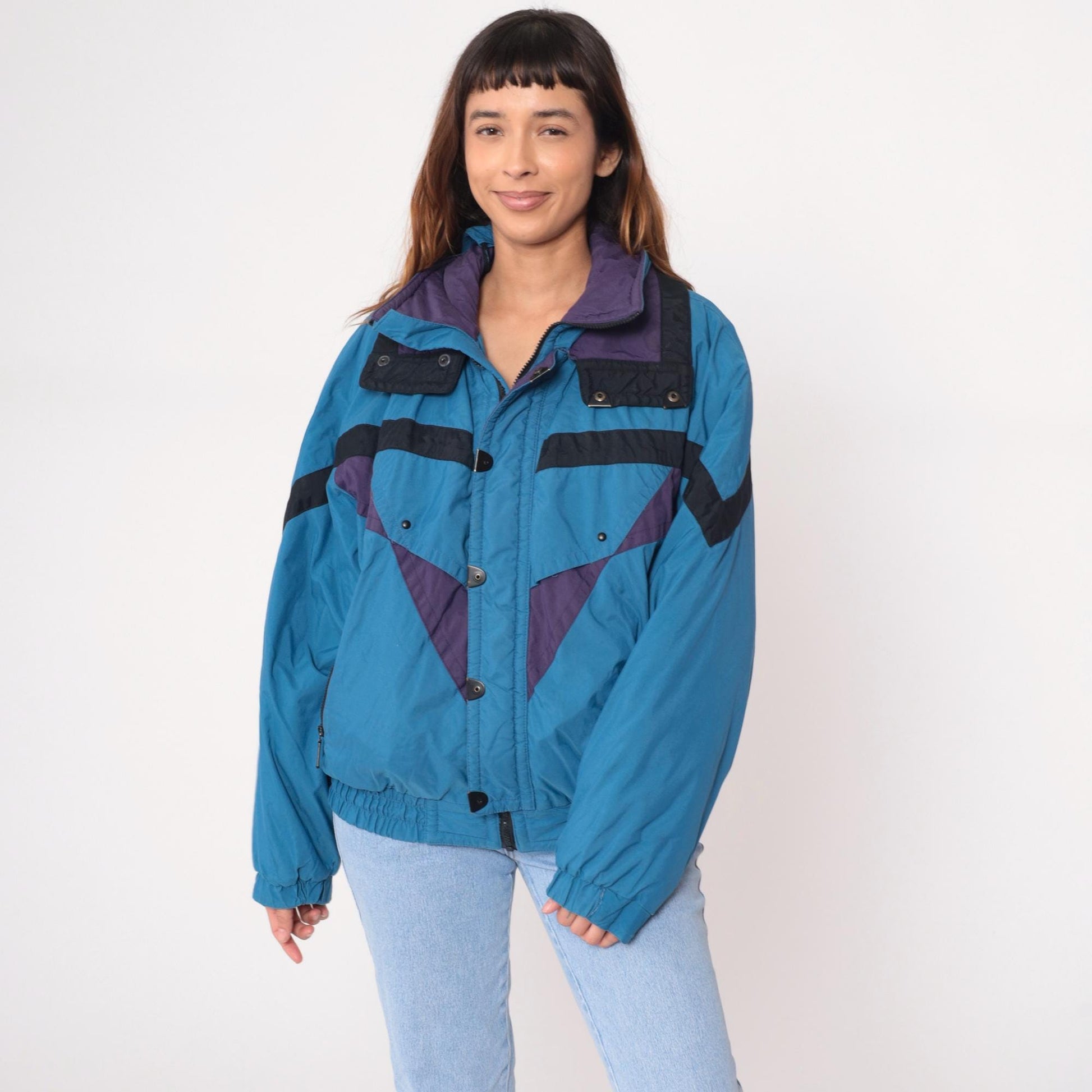 90s Skitique Colorblock Ski Jacket Light Blue Black Purple Hooded Puffer Medium