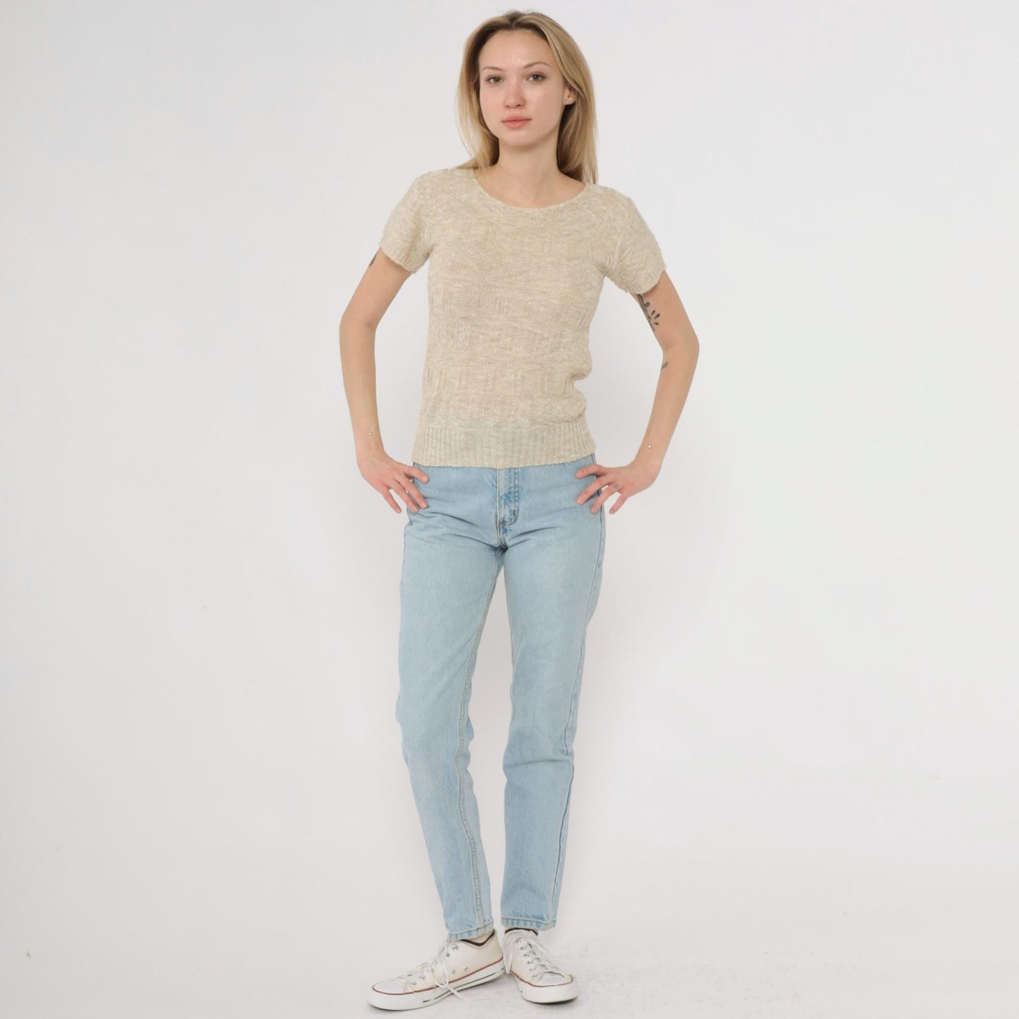 80s Cream Knit Sweater Textured Short Sleeve Crew Neck Fitted Pullover Small S