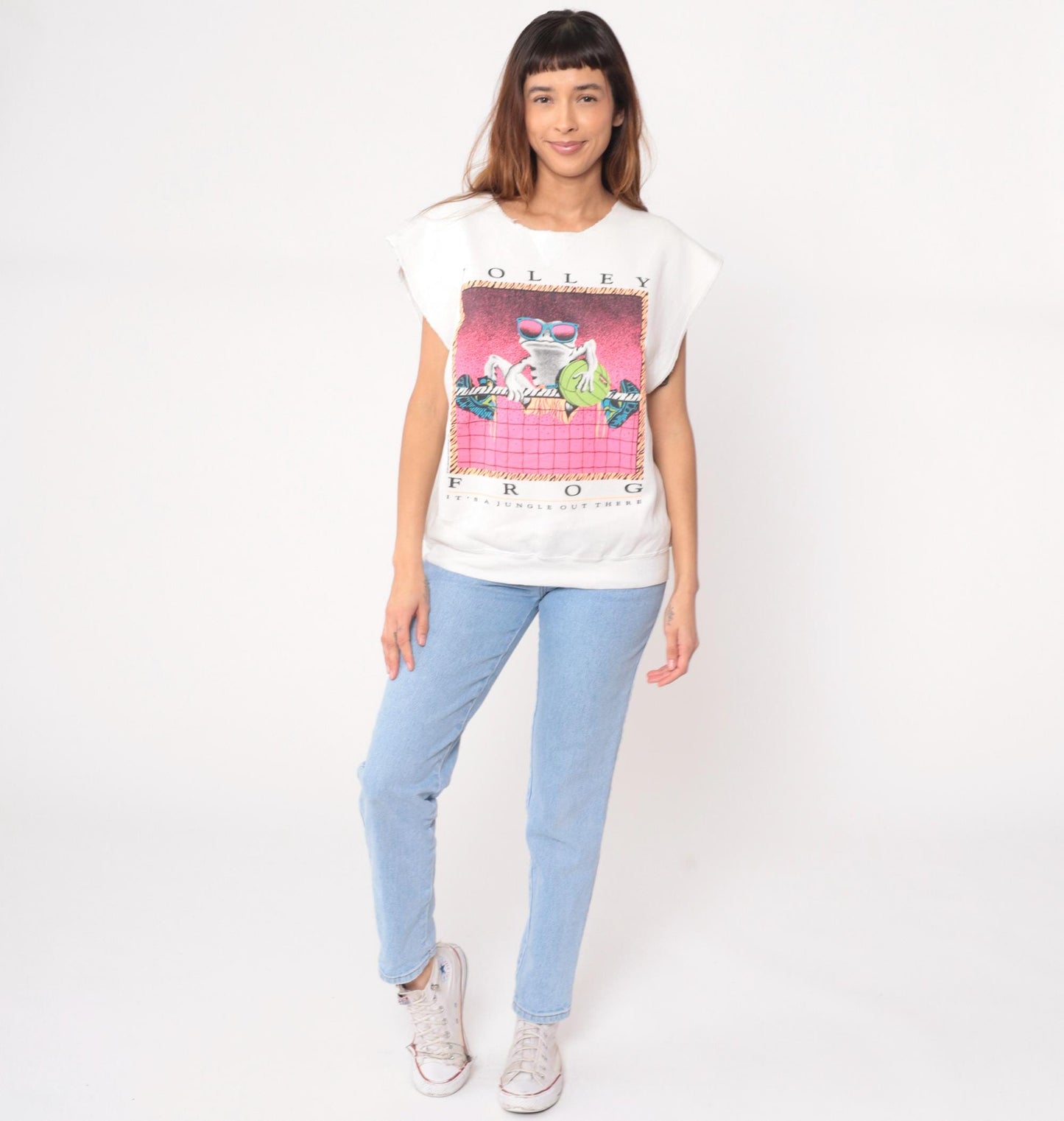 90s Volley Frog Sleeveless Graphic Tee Cream Cotton Crew Neck Large L