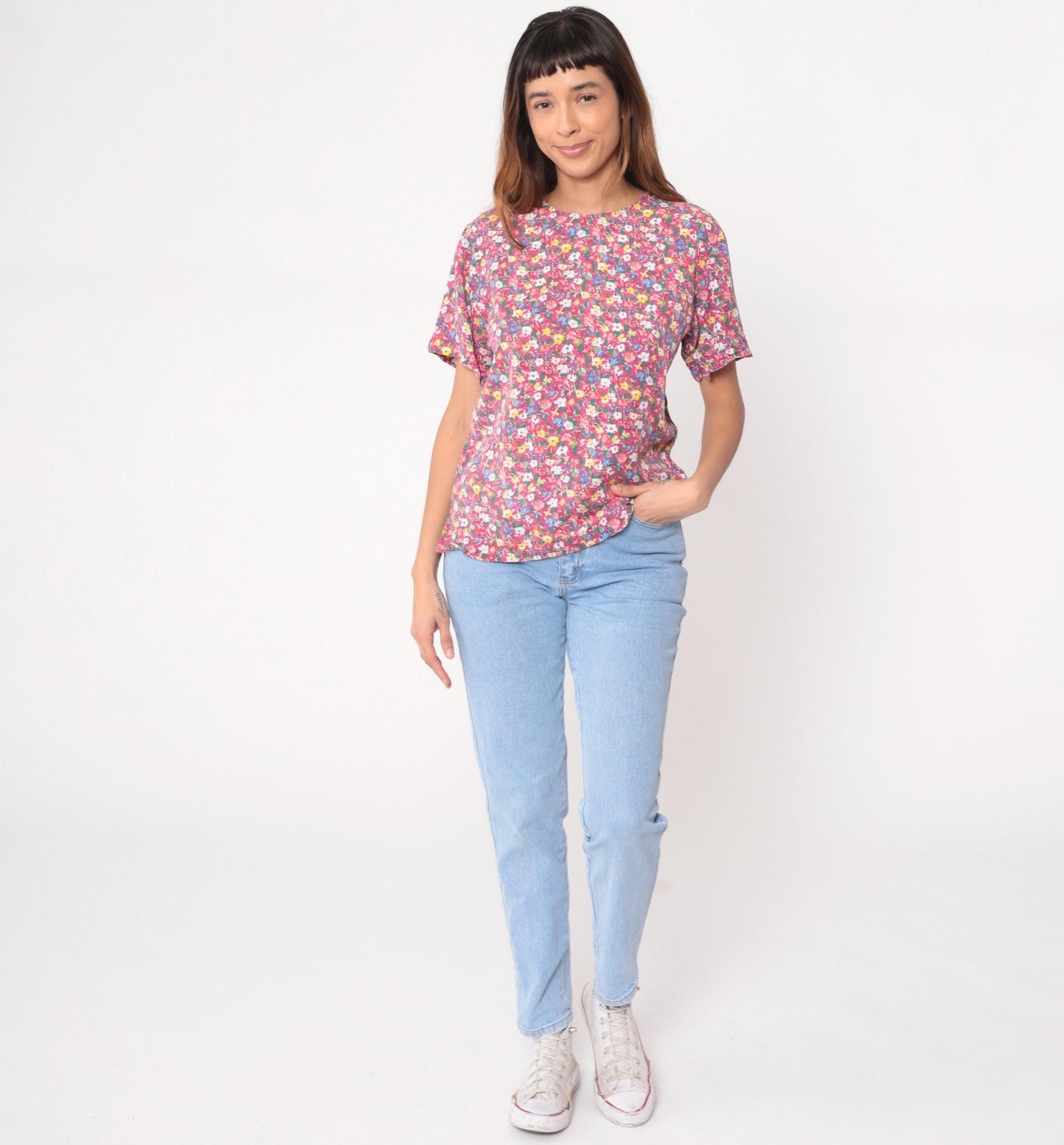 90s Liz Sport Petites Floral Blouse Pink Yellow Blue Rayon Short Sleeve Small S