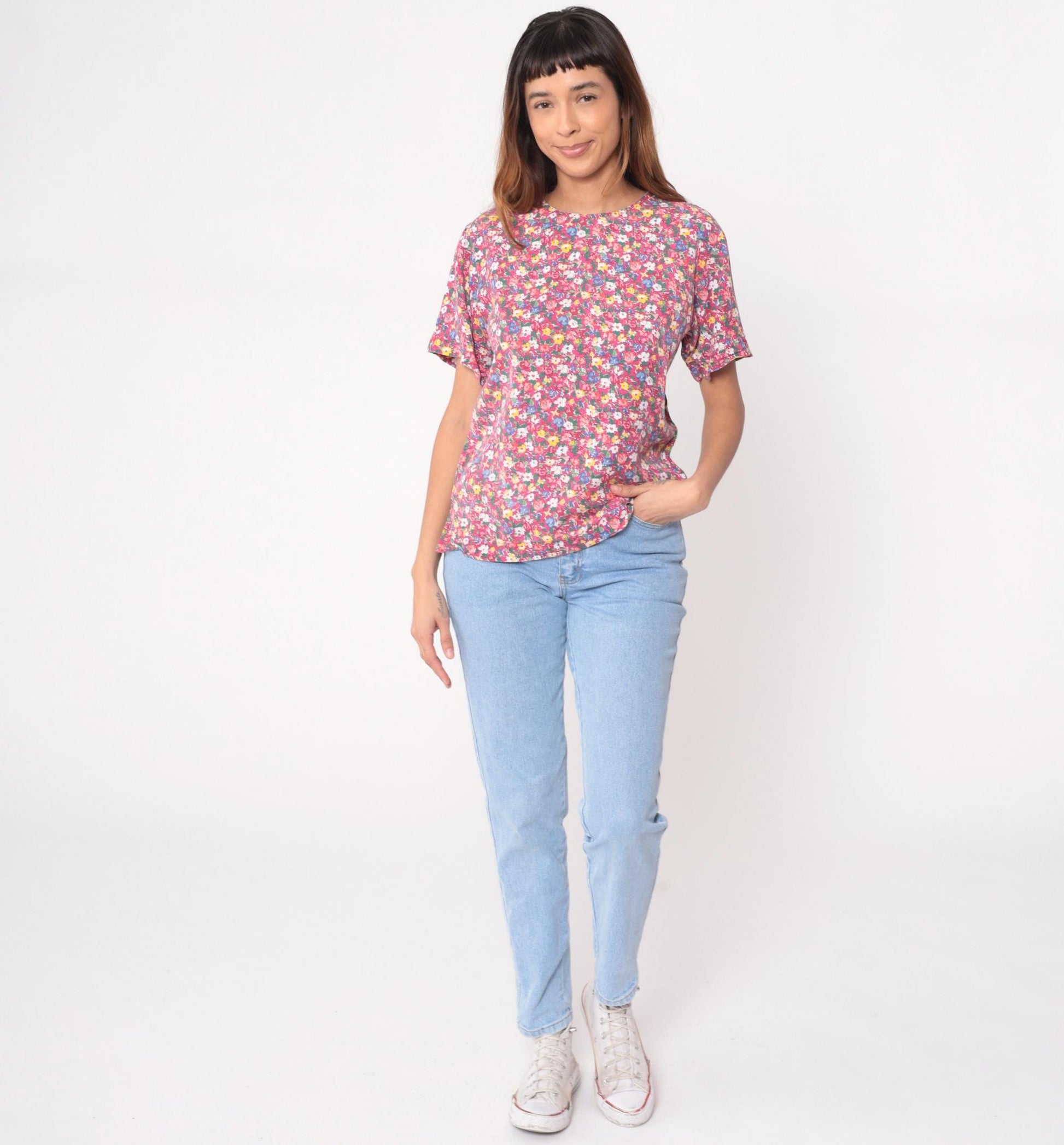 90s Liz Sport Petites Floral Blouse Pink Yellow Blue Rayon Short Sleeve Small S