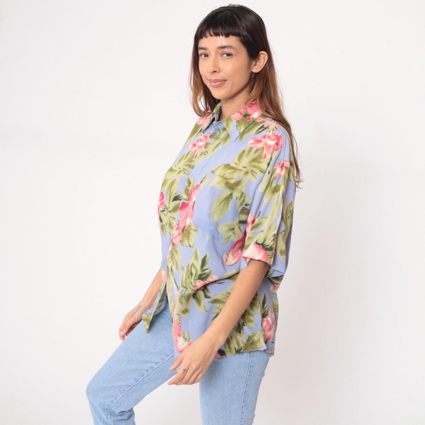 Y2K Floral Hawaiian Shirt Light Blue Pink Tropical Button-Up Large L