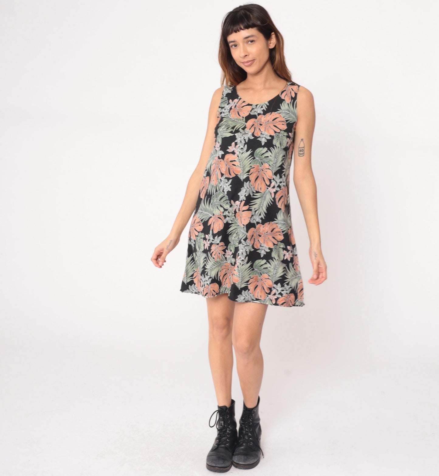 90s Pau Hana Tropical Mini Dress Black Coral Monstera Cotton Small S