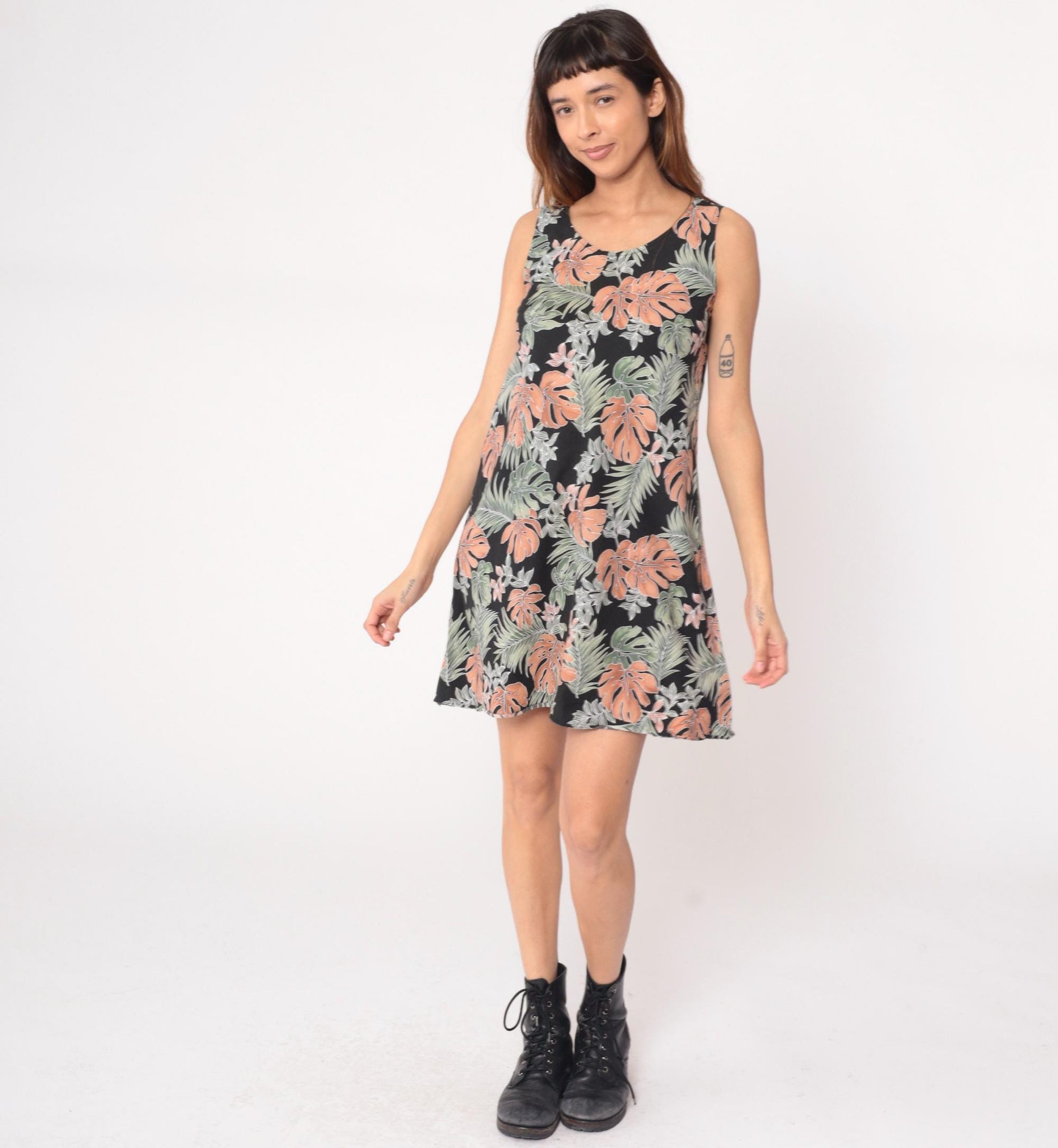 90s Pau Hana Tropical Mini Dress Black Coral Monstera Cotton Small S