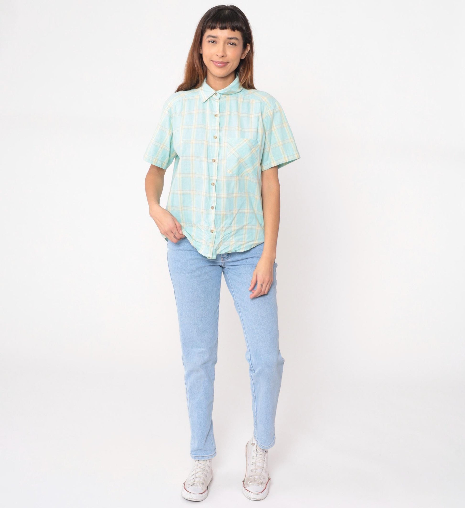 90s Pastel Plaid Cotton Button-Up Shirt Pale Blue Soft Yellow Medium M