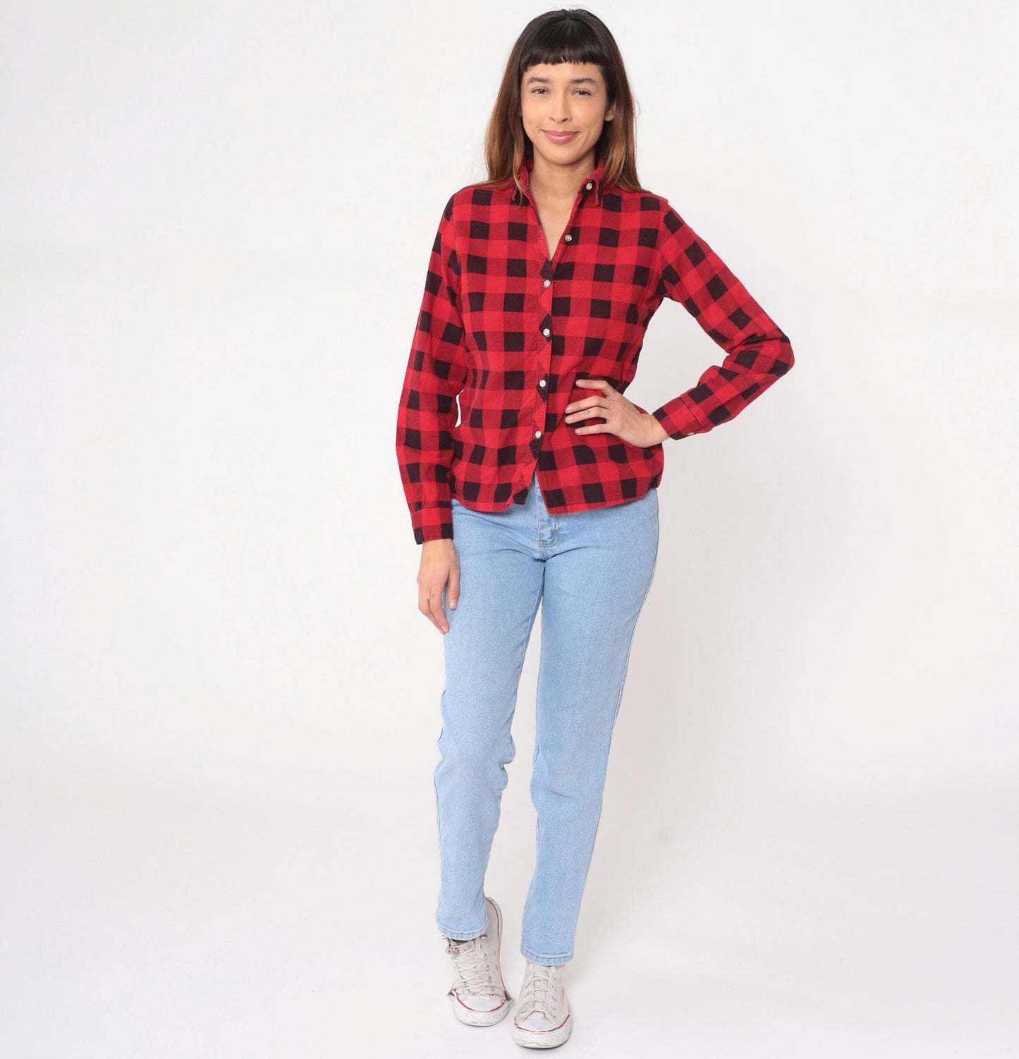 90s Red Buffalo Plaid Flannel Shirt Cotton Button-Up XS