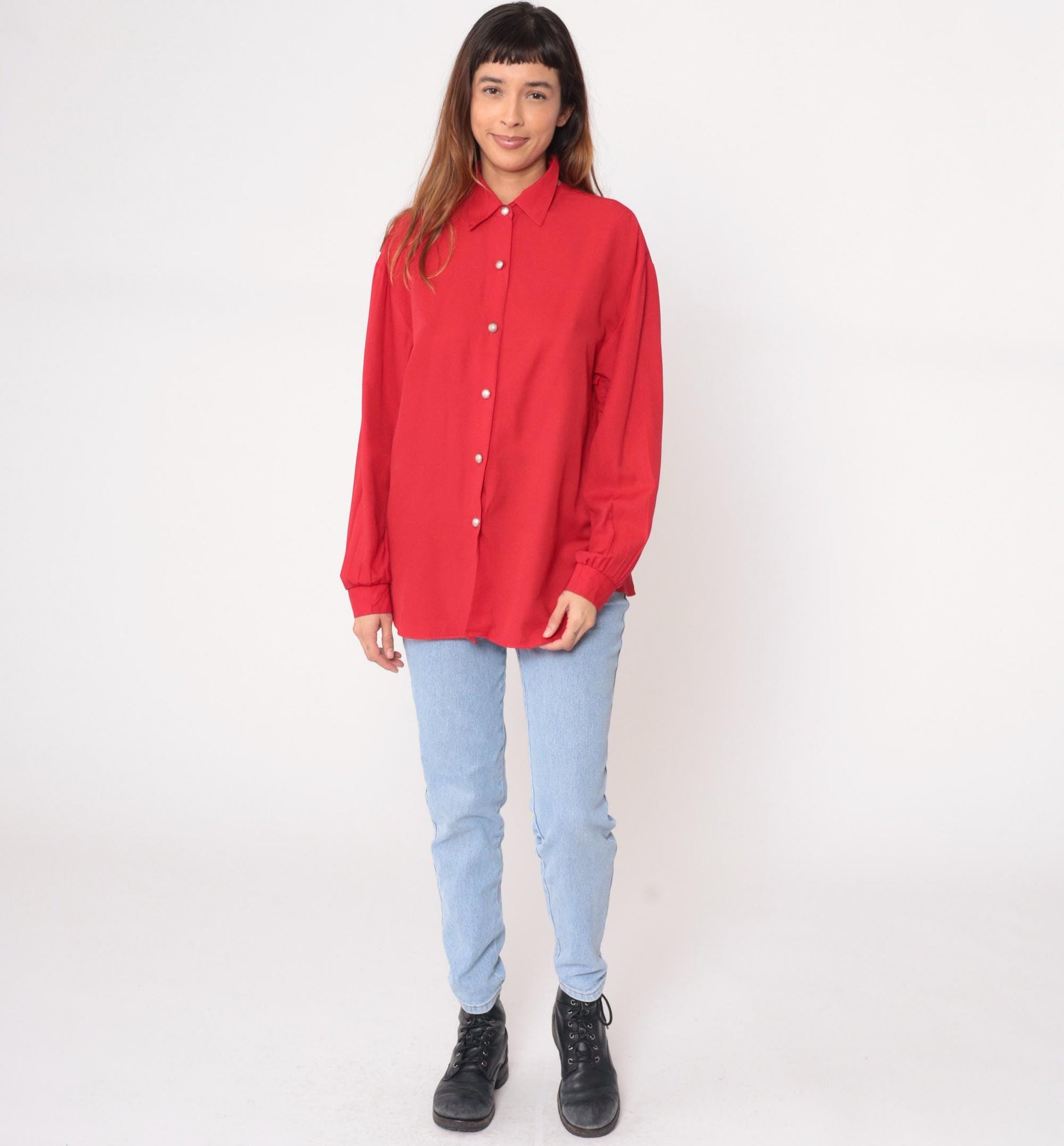 90s Jessica Stevens Coral Red Button-Up Shirt Pearl Snaps Medium M
