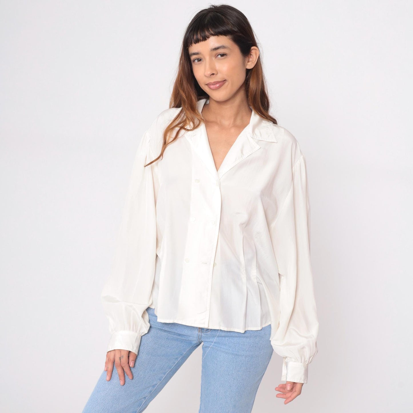 90s Alyssa Cream Button-Front Blouse Notched Collar Long Sleeve Large