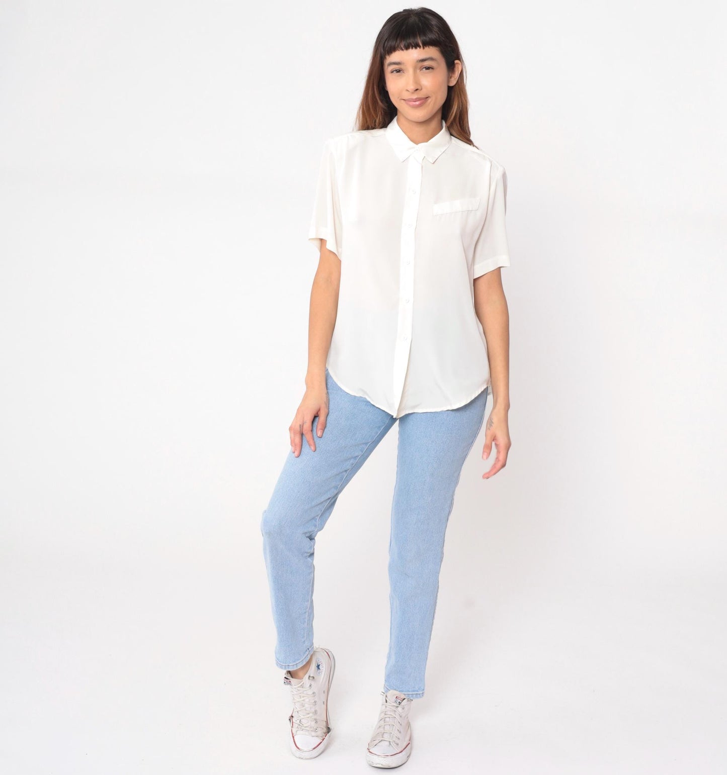 90s Heritage Road White Shirt Short Sleeve Pointed Collar Chest Pocket Medium
